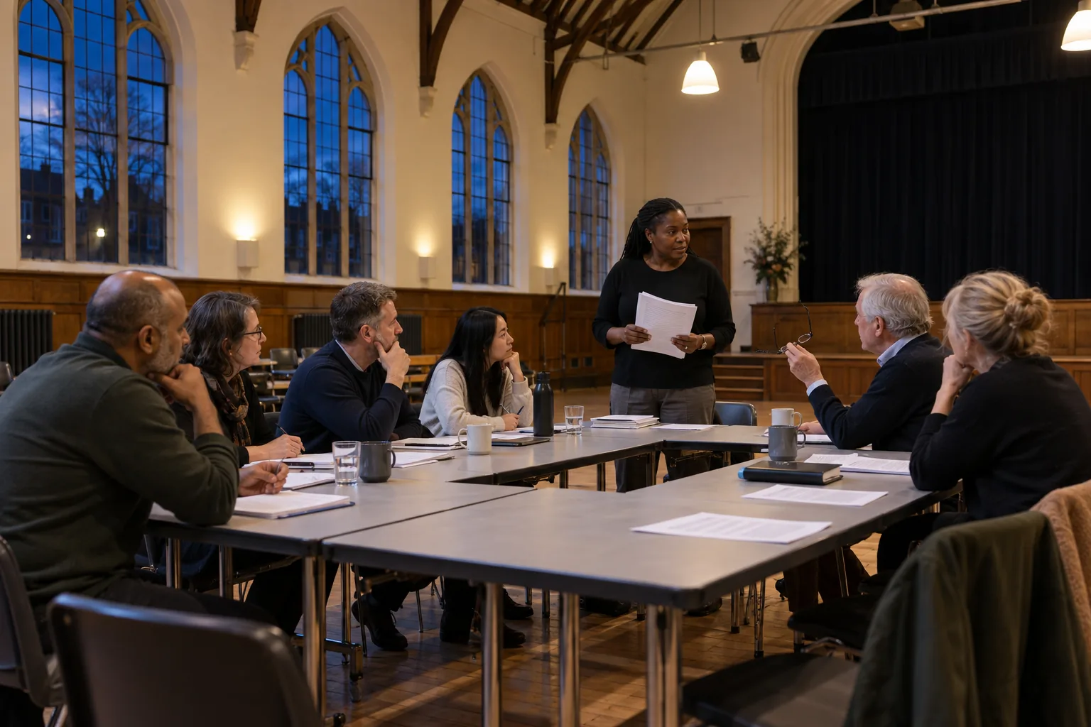 Trustees of a multi-academy trust meet in a converted Victorian school hall at dusk while the chief financial officer stands to take questions on printed budget papers