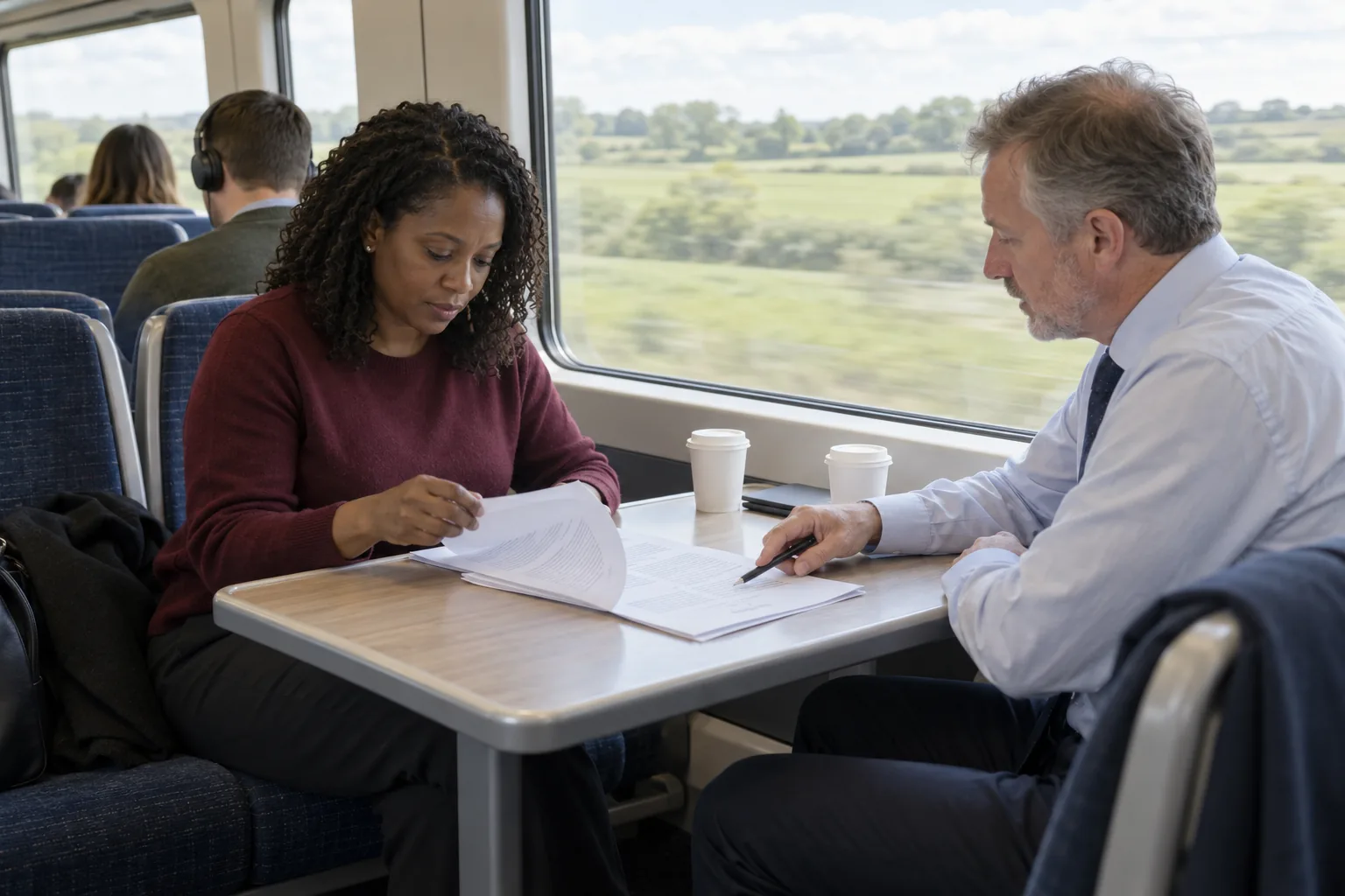 An academy trust’s governance professional and its chief financial officer go through printed papers at a table seat on a train between two of the trust’s academies, fields passing outside