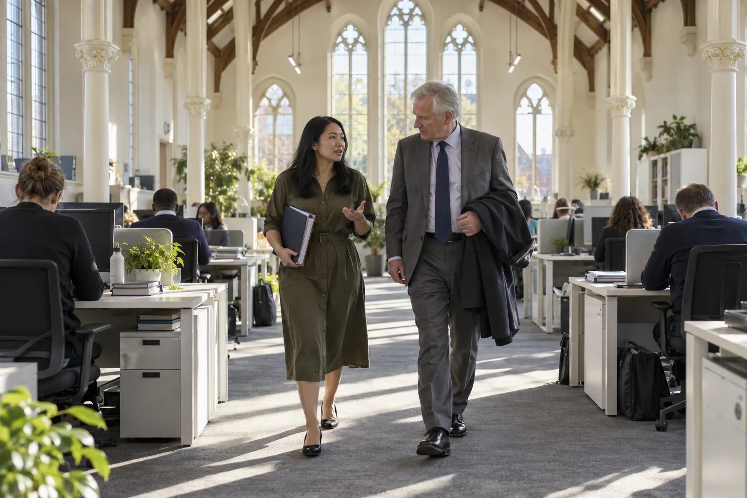 An academy trust’s governance professional talks with the chair of trustees as they walk through the trust’s open-plan office in a converted Victorian board school, iron columns and tall arched windows around them