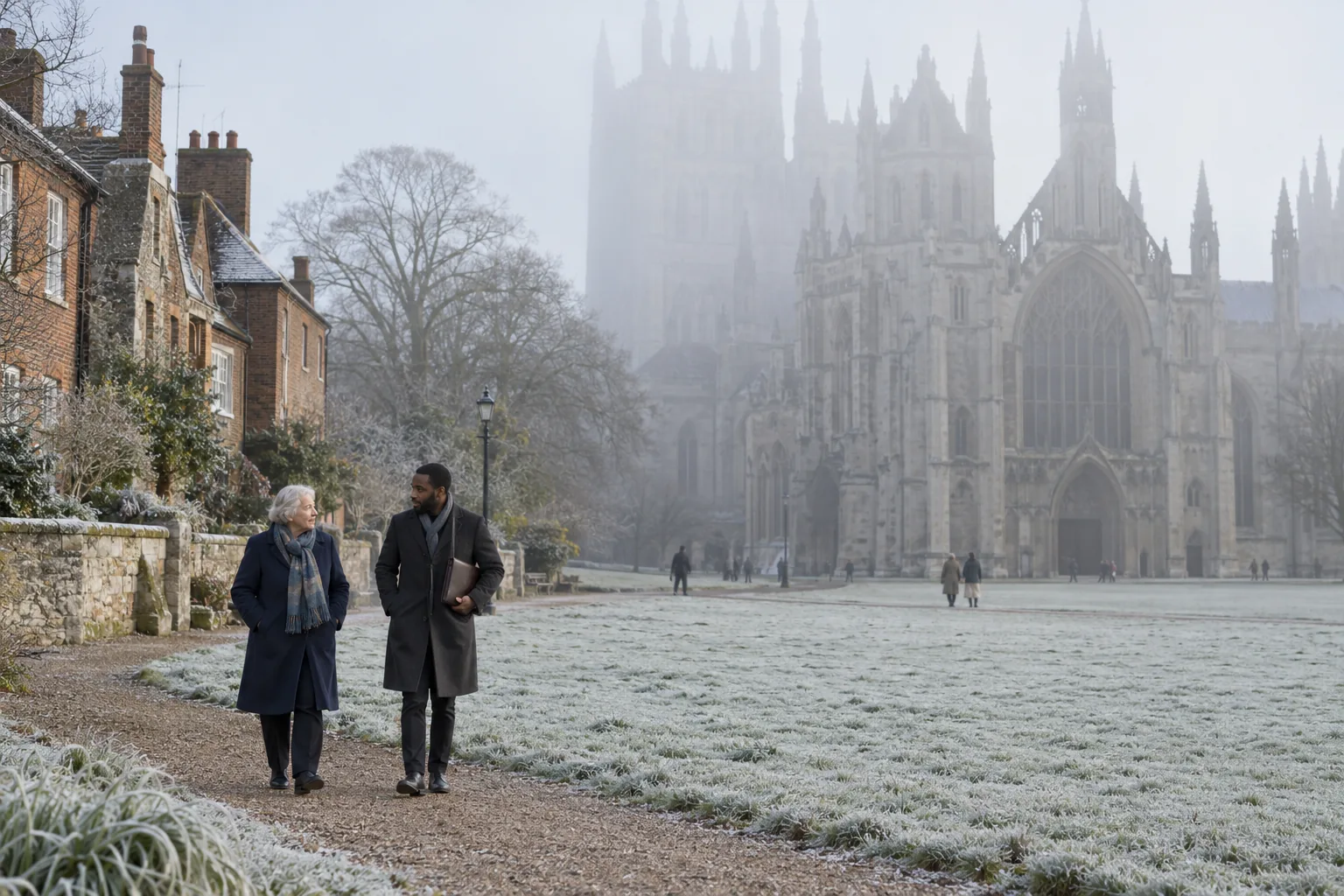 A member of a church academy trust walks through a cathedral close with the trust's governance professional on a misty winter morning, both in long coats, talking as they go