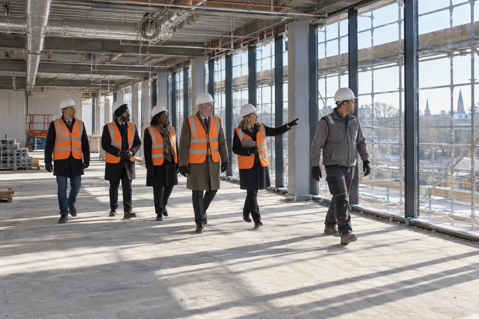 Academy trust members in hard hats and hi-vis vests tour the unfinished interior of a new sixth-form block with the trust’s chief executive and a site manager, bare concrete and scaffolding around them