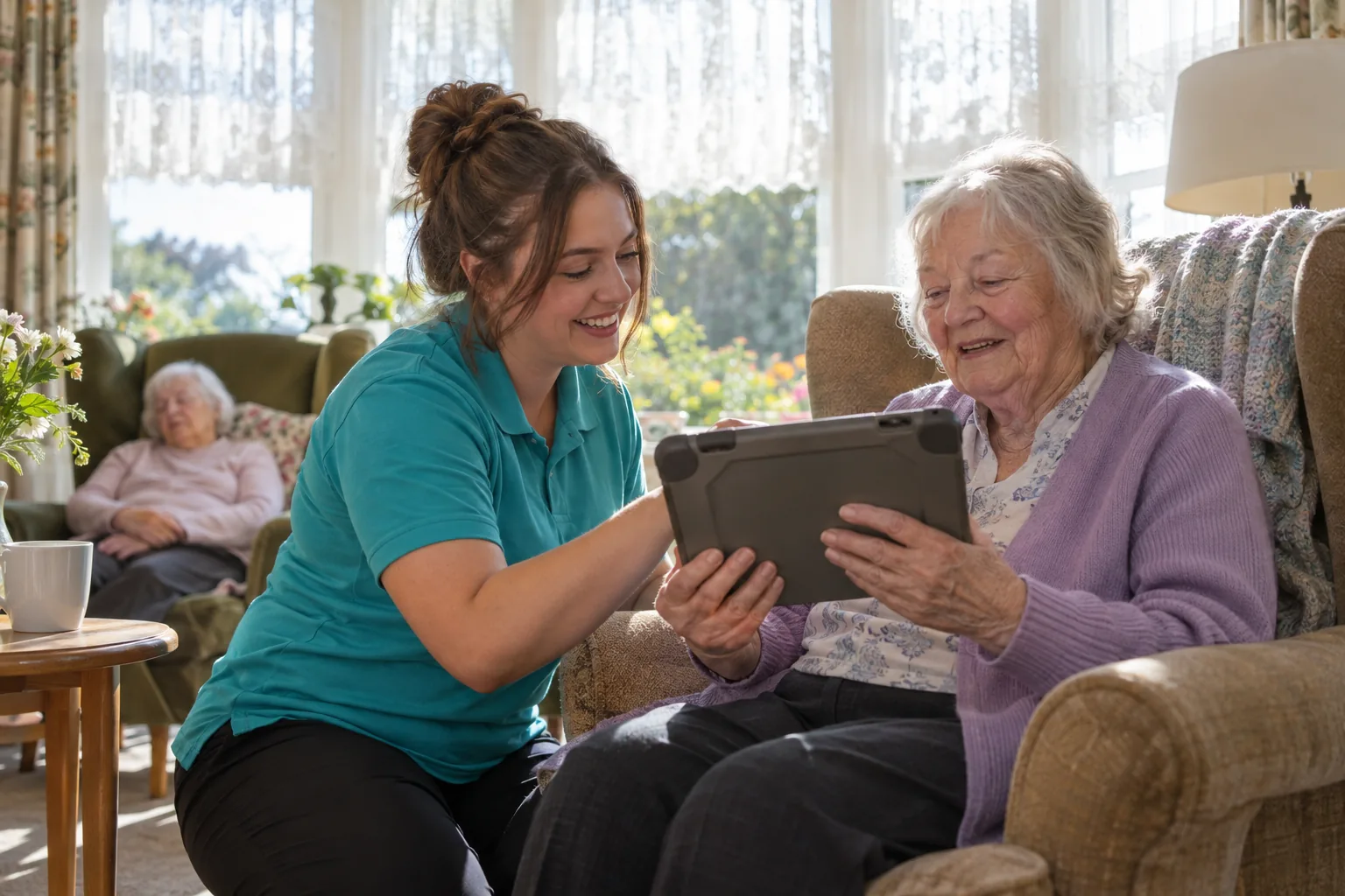An activities coordinator helps an older resident hold a shared tablet for a video call in a sunny care home lounge, the screen facing away from the camera