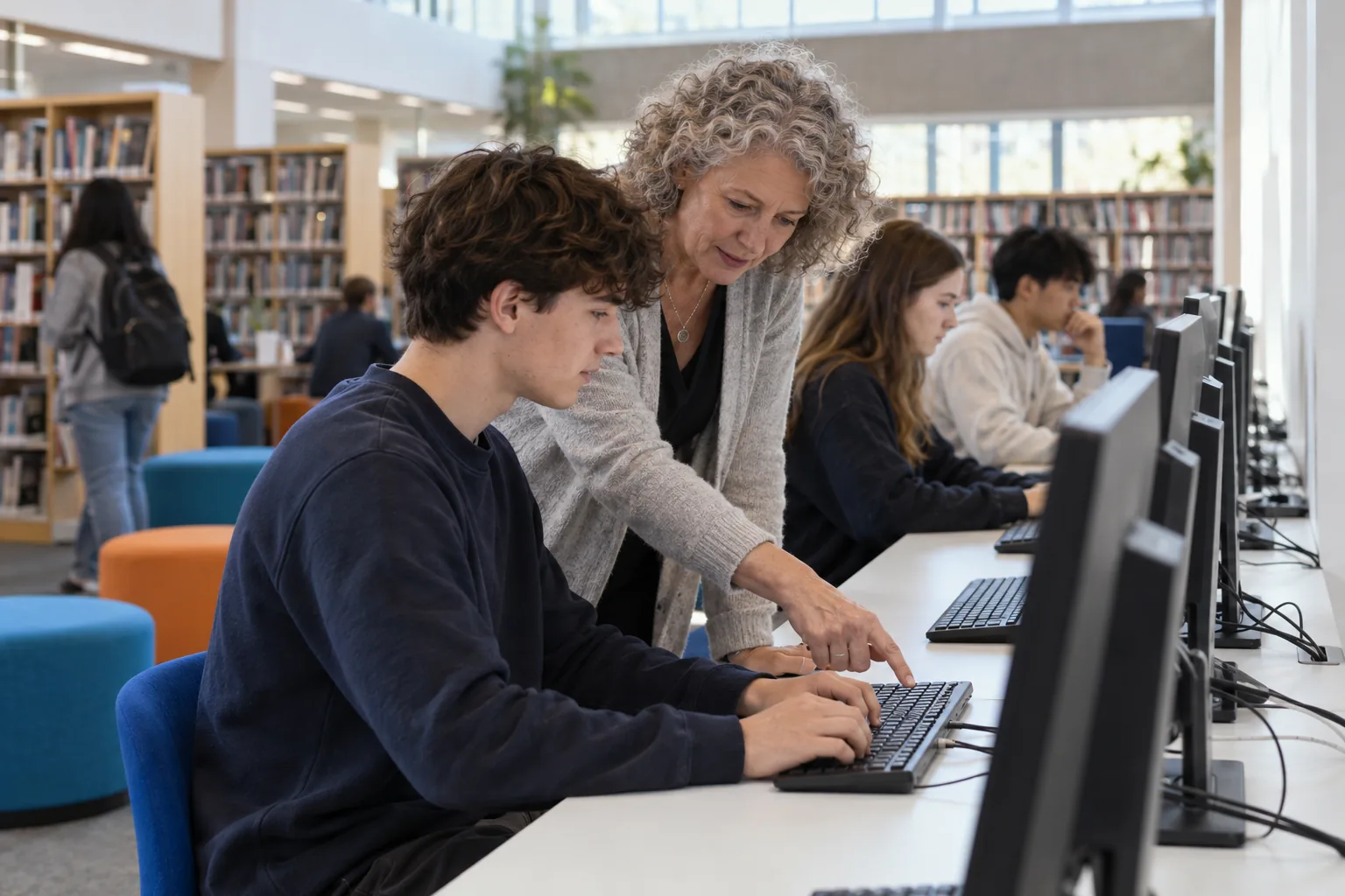 A school librarian leans in to help a sixth-former at a bank of library computers, screens angled away, other students working at the desks beyond