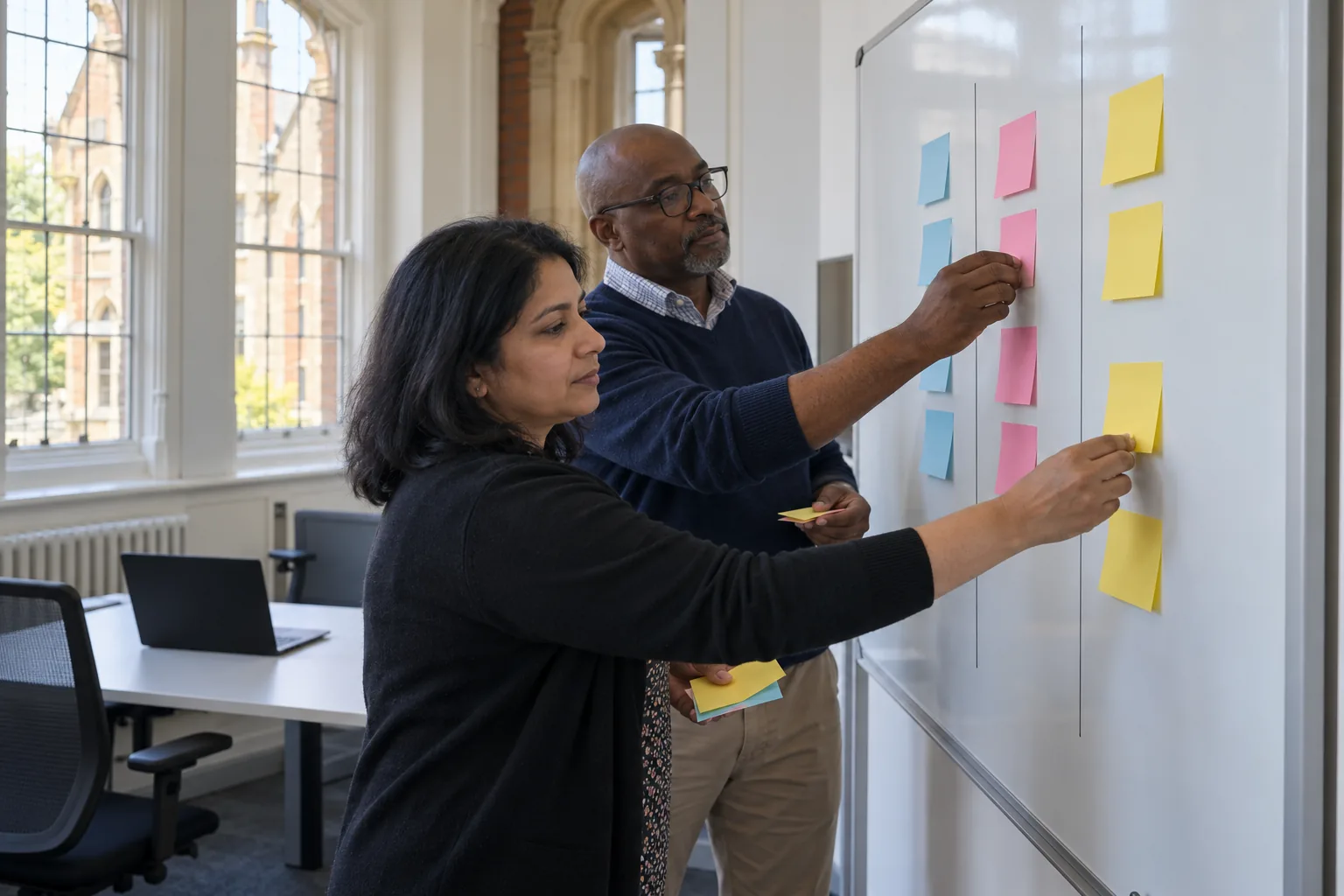 An academy trust's data protection lead and business manager sort coloured notes into columns on a whiteboard in a converted school office