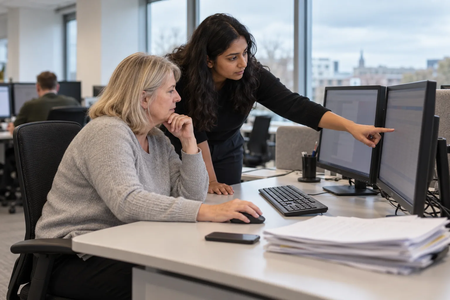 An information governance officer at a council desk reviews a document on screen with a colleague, a stack of printed correspondence and a work phone face down beside the keyboard