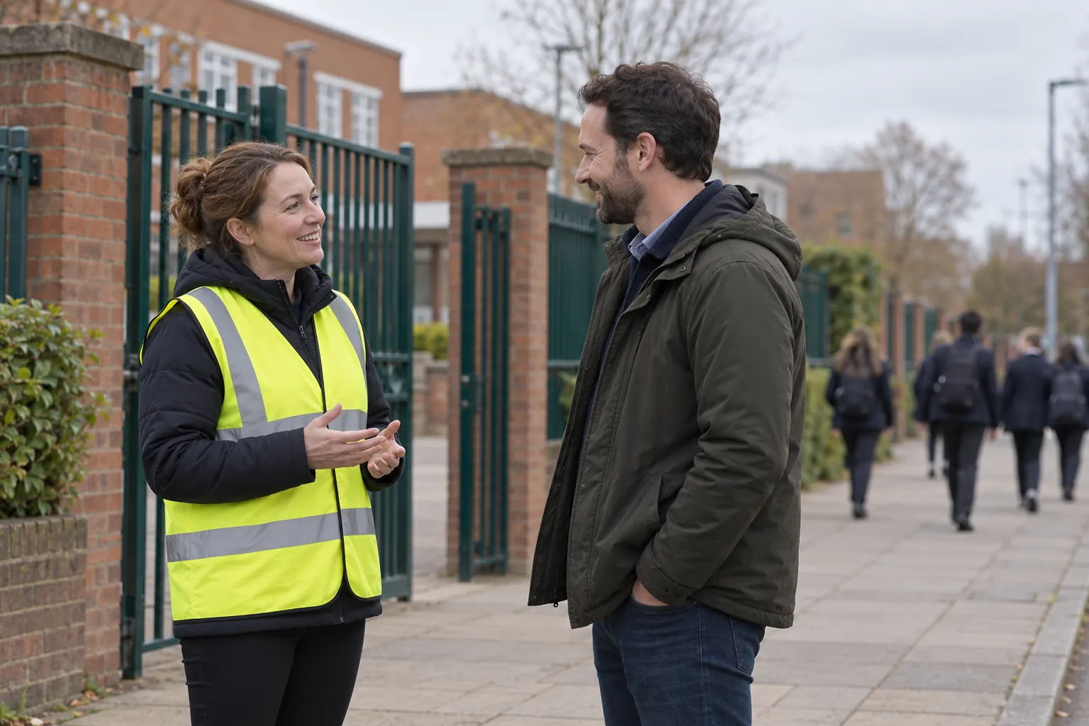 At the gates of a secondary school on a grey afternoon, a member of staff in a plain high-visibility tabard talks with a parent on the pavement while pupils in blazers walk away out of focus