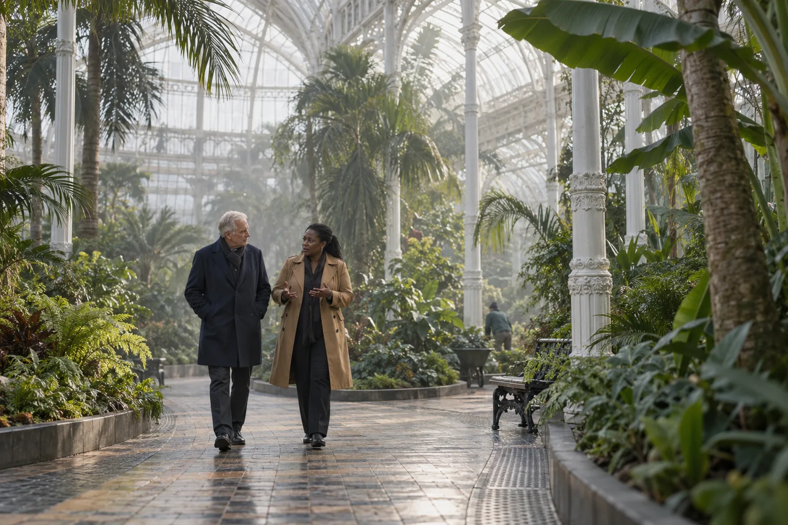 The chair and the chief executive of a botanic garden charity walk and talk along the central path of a Victorian palm house early in the morning before opening, condensation on the glass above them