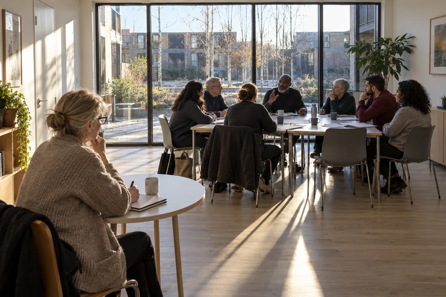 An external reviewer sits apart at a small table by the wall, observing as trustees of a housing charity hold their board meeting in the ground-floor community room of one of its new blocks of flats on a bright winter morning