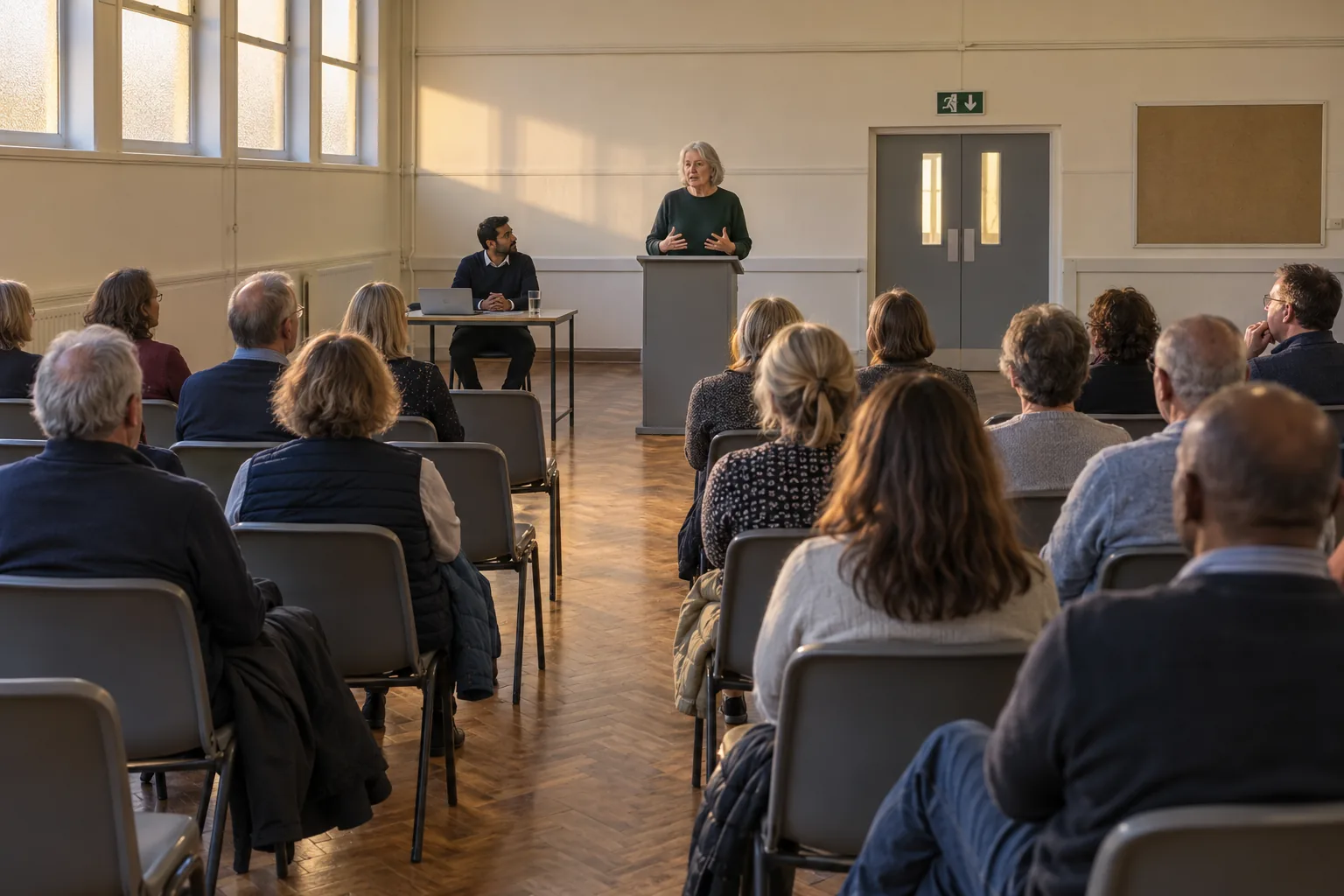 A charity’s annual general meeting in a village hall: rows of plastic chairs half full, the chair of trustees standing at a lectern, the clerk at a folding table to one side