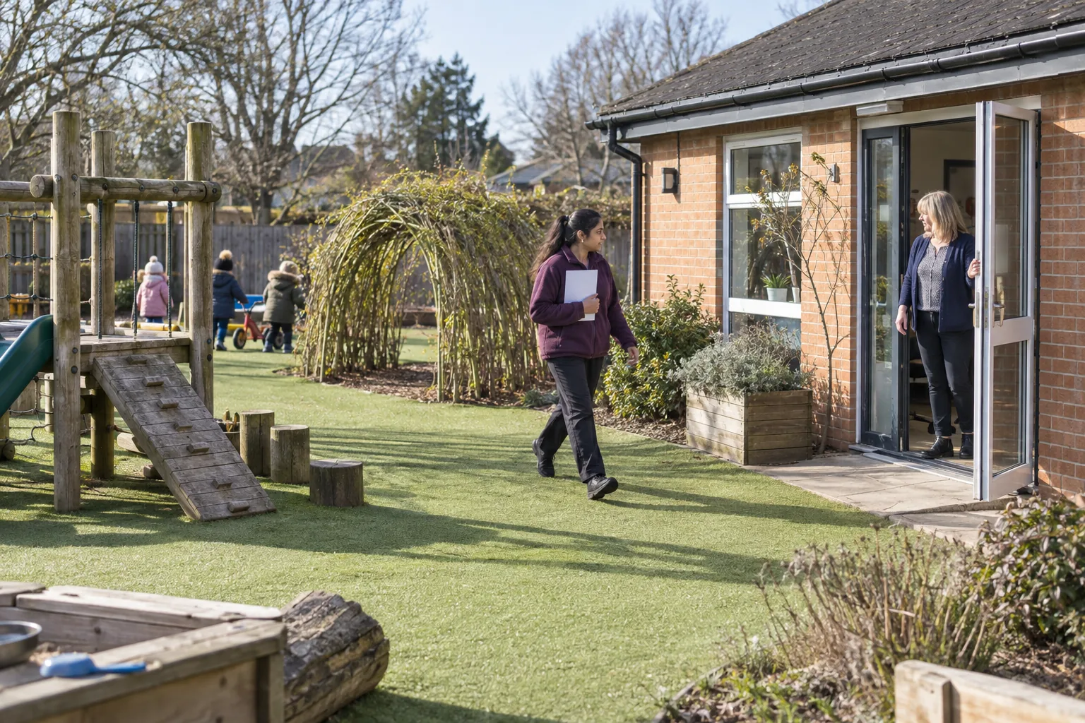 A nursery practitioner crosses a nursery garden on a bright, cold morning carrying a folded form to the manager waiting at the office door, small children playing out of focus far behind