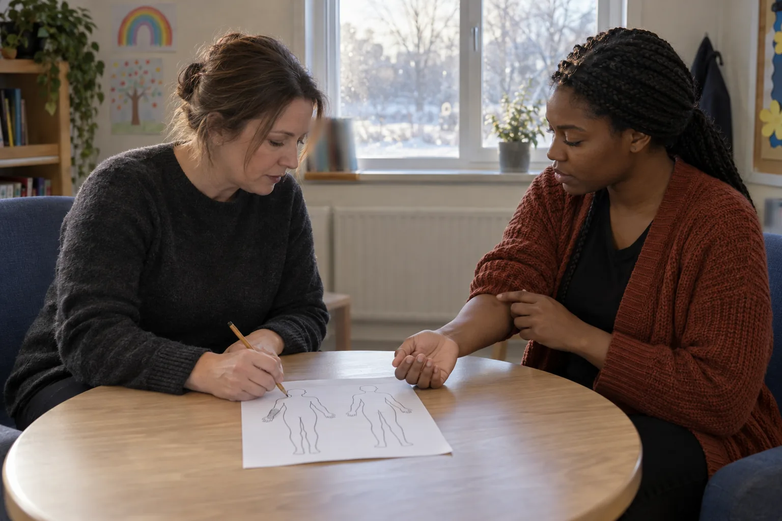 In a small pastoral room at a primary school on a winter morning, a designated safeguarding lead shades a mark on a blank printed body outline while a teaching assistant touches her own forearm to show where she saw it