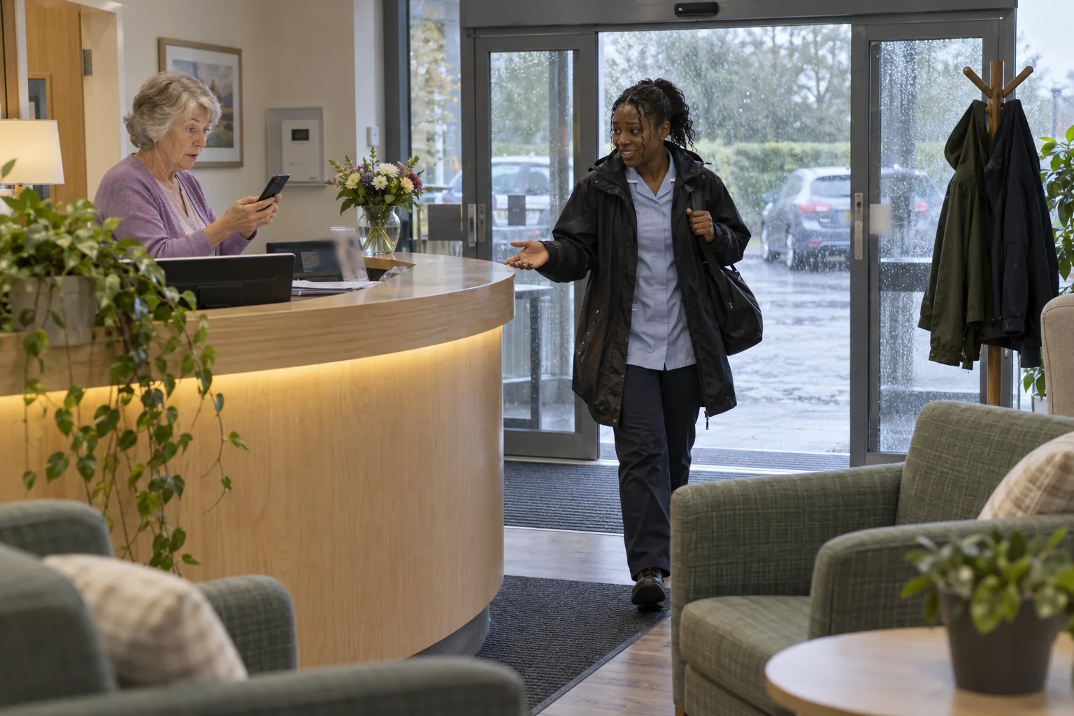 In the entrance lobby of a care home, the receptionist holds up a mobile phone handed in as lost while a care worker in her coat hurries back through the glass doors to claim it