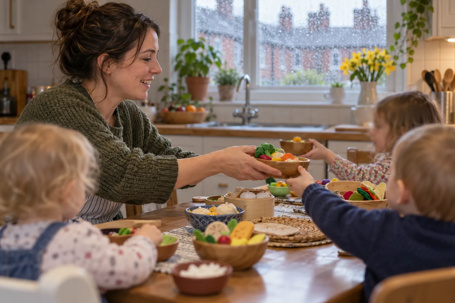 At a kitchen table in a terraced house, a childminder seen from the side helps two toddlers and a four-year-old take turns passing bowls of play food, rain on the window behind them