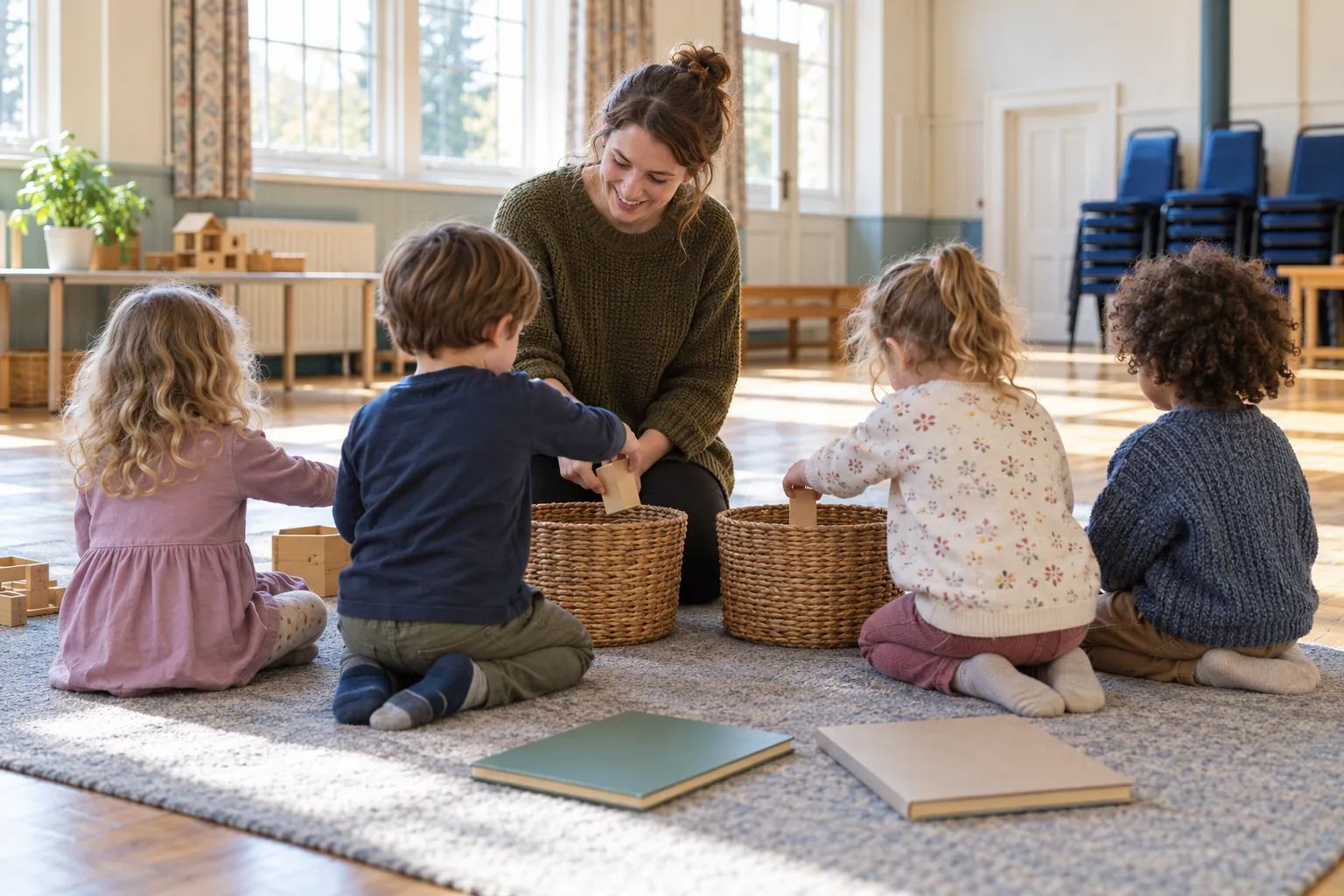 In a village-hall pre-school, a practitioner kneels on the carpet as four three- and four-year-olds, seen from behind, drop wooden blocks into one of two baskets to choose the next story, morning light through tall windows