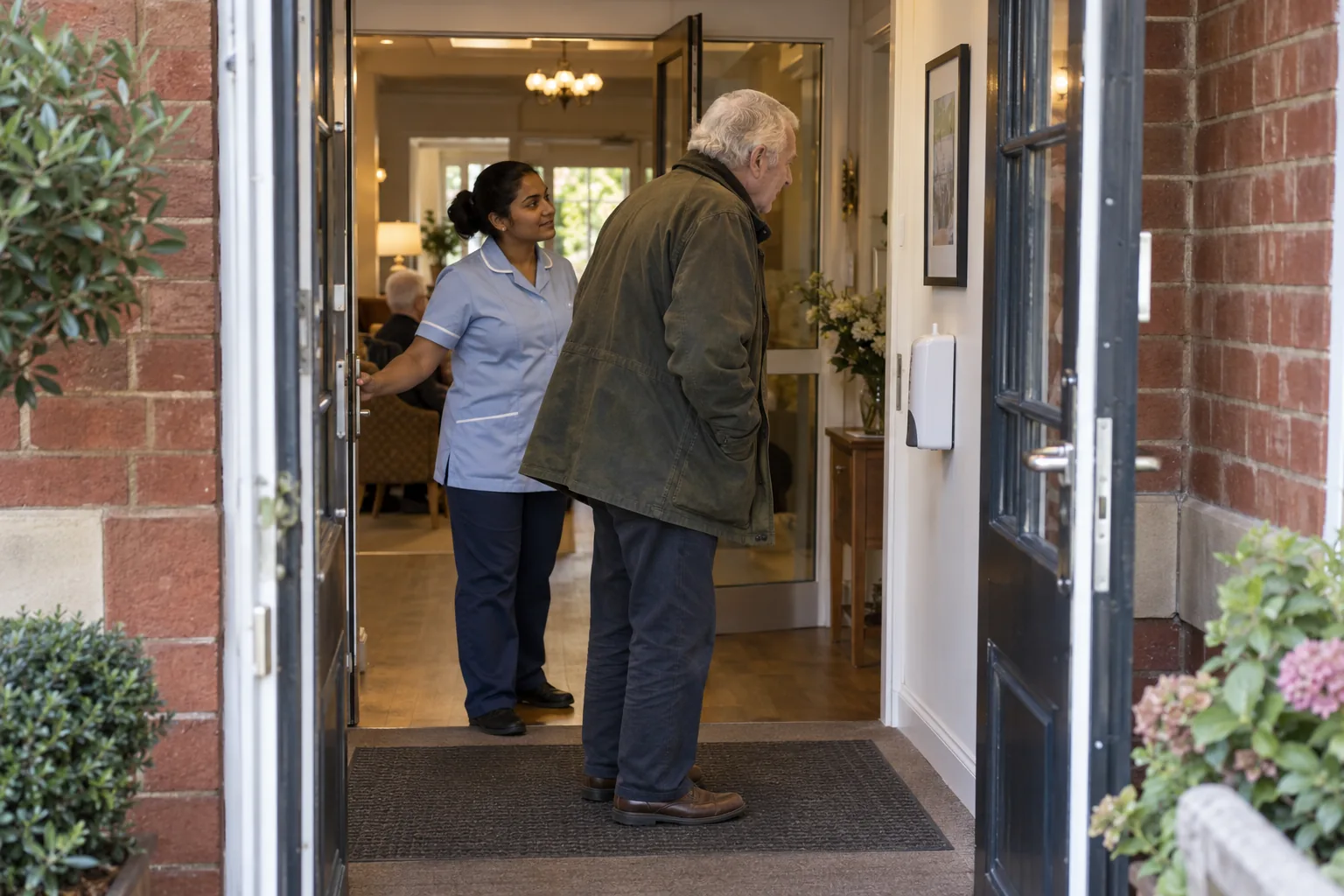 A man in a waxed jacket pauses in the entrance porch of a care home as a carer holds the inner door open for him, a framed picture and the visitors’ hand gel dispenser on the wall beside them