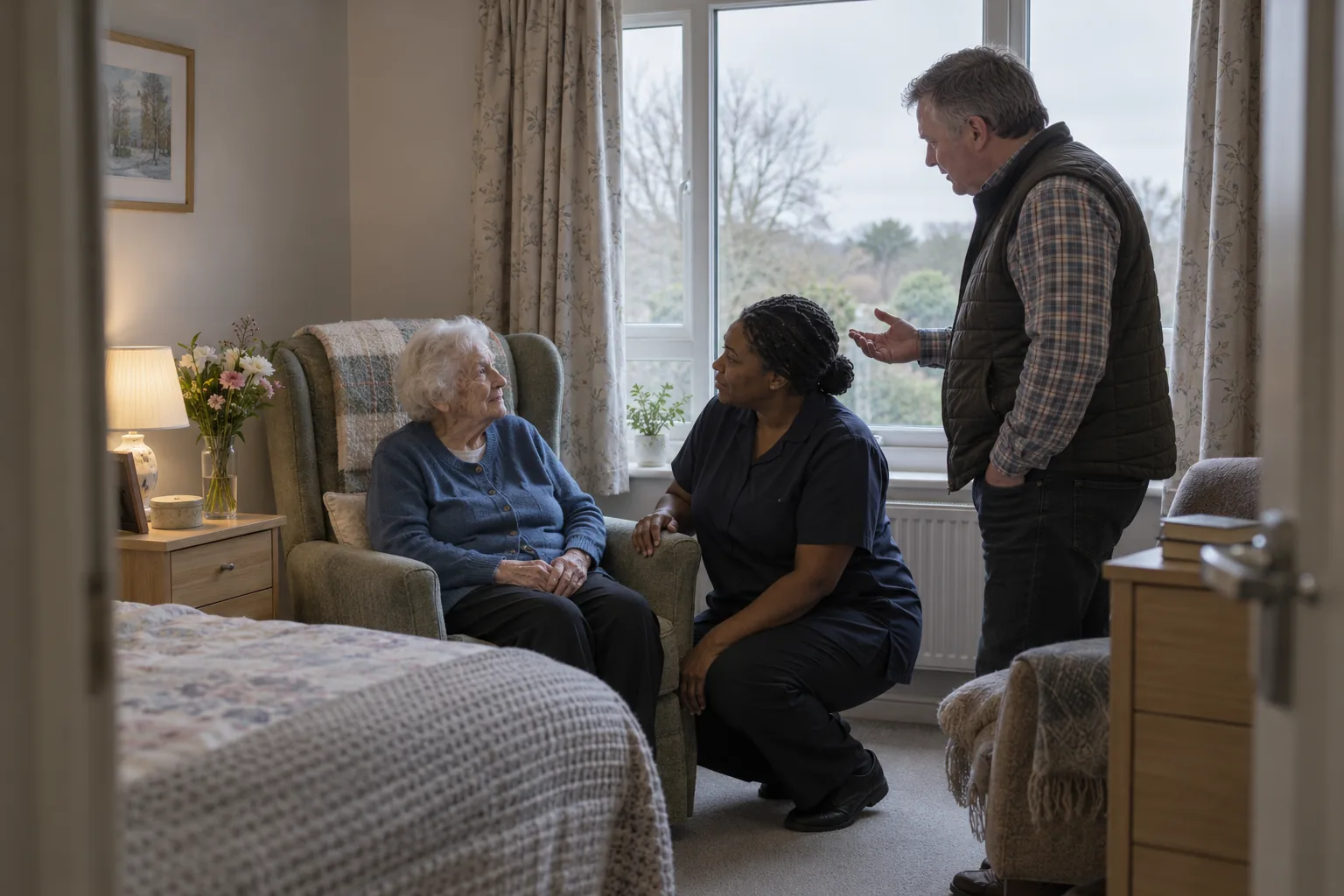 In her care home bedroom, an older woman sits in her armchair as the registered manager kneels beside her, listening, while the woman’s adult son speaks from beside the window