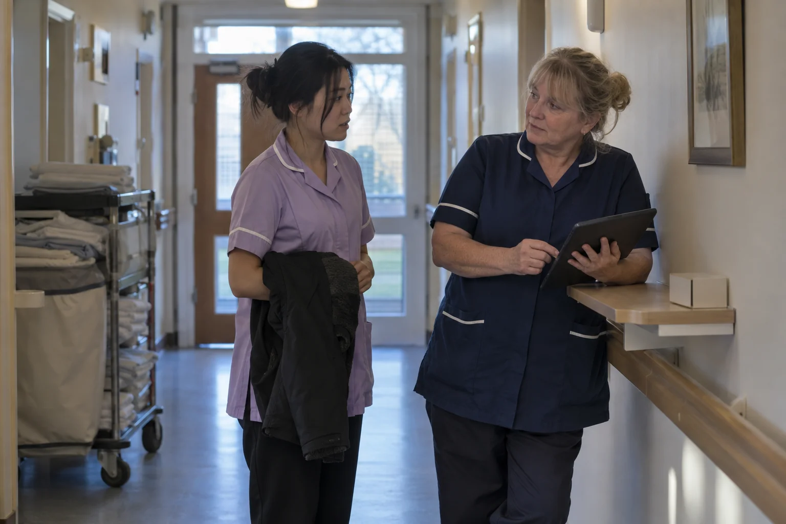 Two care workers discuss a handover beside a tablet in a bright corridor