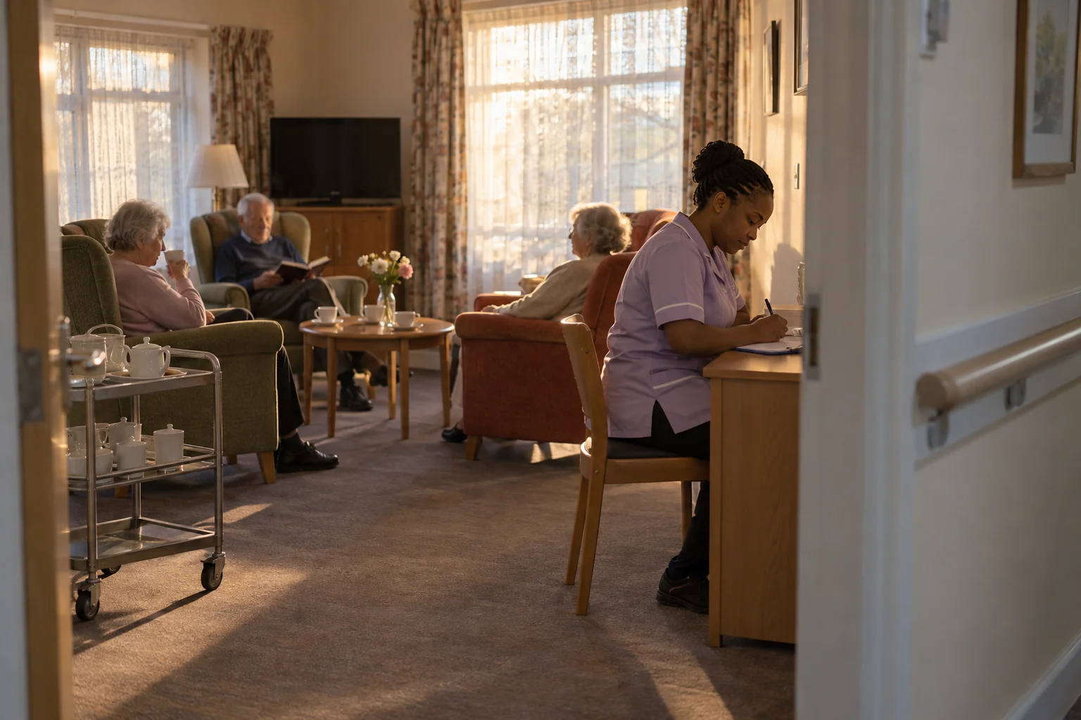A care worker writes at a desk beside a care home lounge in afternoon light