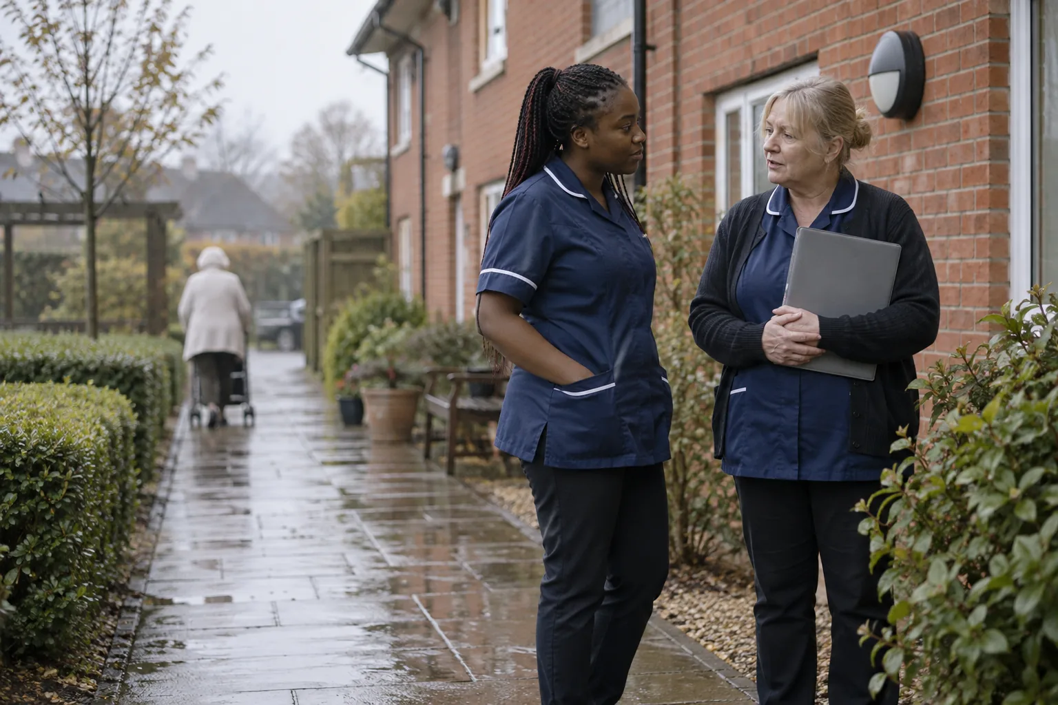 Two carers in tunics talk quietly on the paved path outside a red-brick care home in morning drizzle, one holding a closed folder under her arm