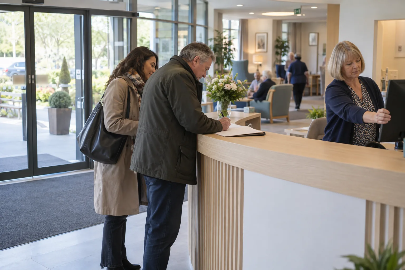 A care home administrator at the reception desk turns her monitor away as a visiting family signs in at the counter, seen from the entrance lobby