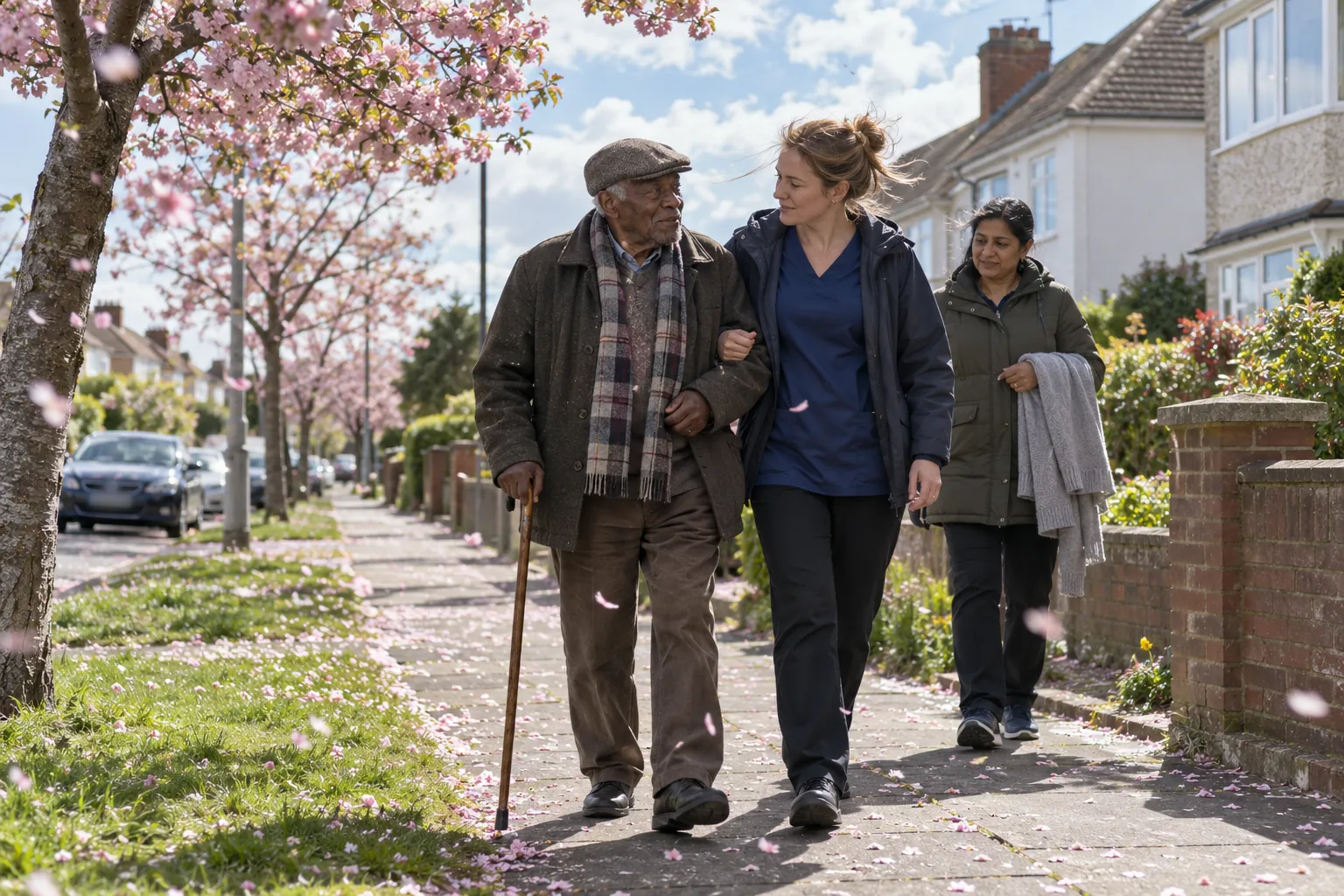 On a bright, windy morning, a care worker walks arm in arm with a resident along a quiet residential pavement near the care home, the deputy manager following a few steps behind with a spare cardigan