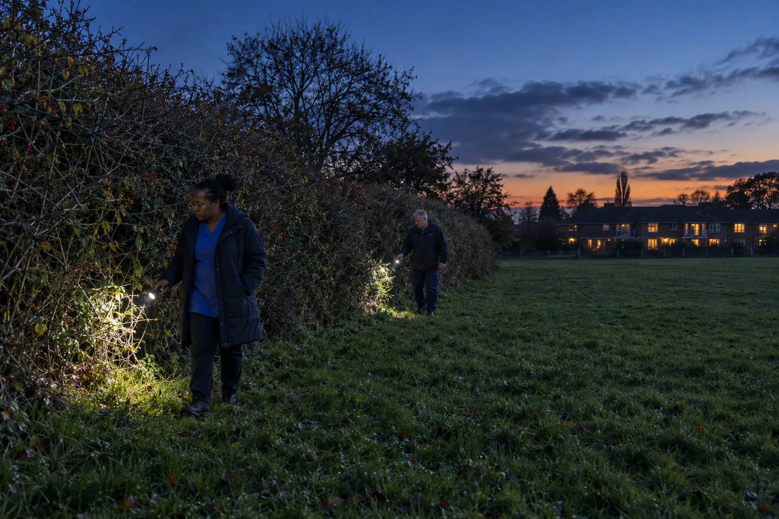 A senior carer and the care home’s handyman search the hedge line of a playing field behind the home with torches at dusk, the home’s lit windows in the distance