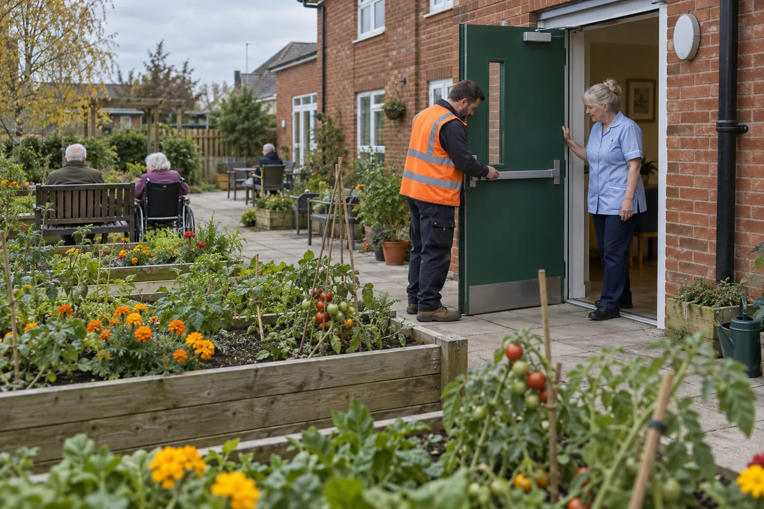 Outside a red-brick care home on a grey afternoon, a maintenance worker in a hi-vis vest tests a fire exit door while a senior carer holds it open, residents' raised garden beds in the foreground