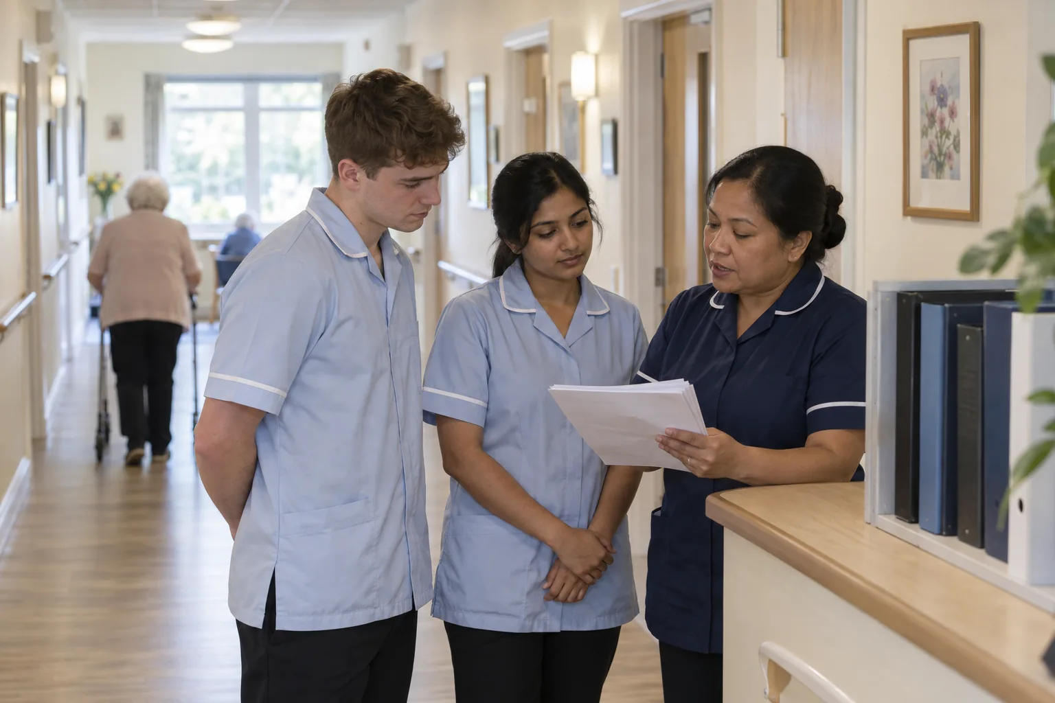 A deputy manager talks through a printed procedure with two new care assistants in uniform, standing by the nurses' station of a bright care home corridor in the morning