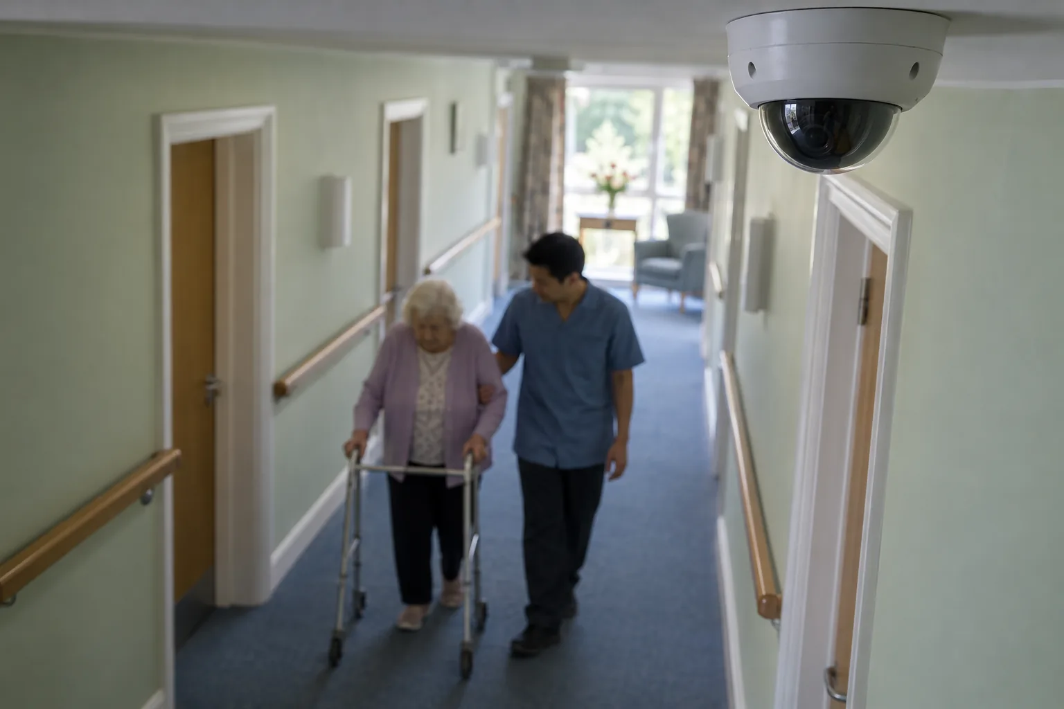 A small dome camera on the ceiling of a care home corridor above a wooden handrail, with a resident using a walking frame passing out of focus below