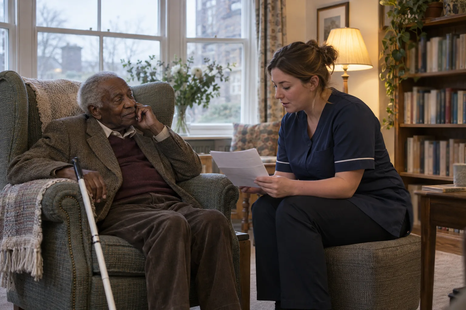 In the small library corner of a care home, a deputy manager reads a short printed notice aloud to an older man with sight loss, his white cane resting against the arm of his chair