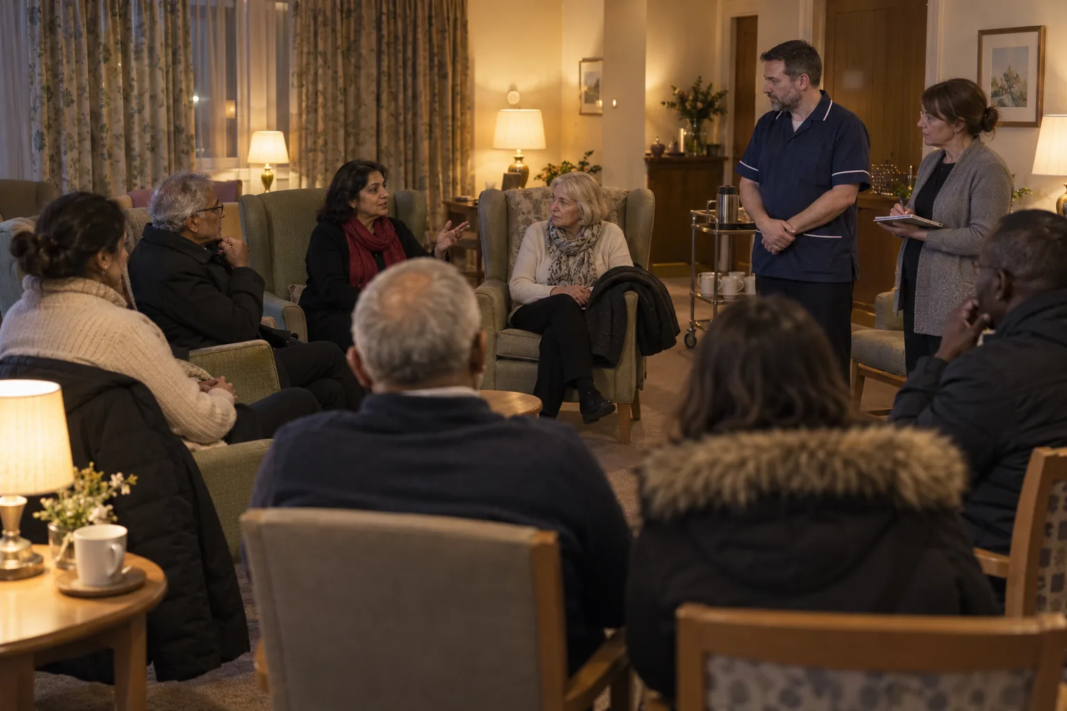 At an evening relatives’ meeting, the registered manager stands listening as a daughter speaks among family members seated in a semicircle of armchairs in a lamp-lit care home lounge