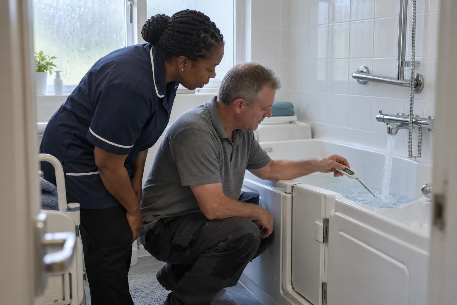 A care home maintenance worker holds a digital probe thermometer under the running tap of an assisted bath while the registered manager reads the temperature over his shoulder, white tiles and a grab rail around them