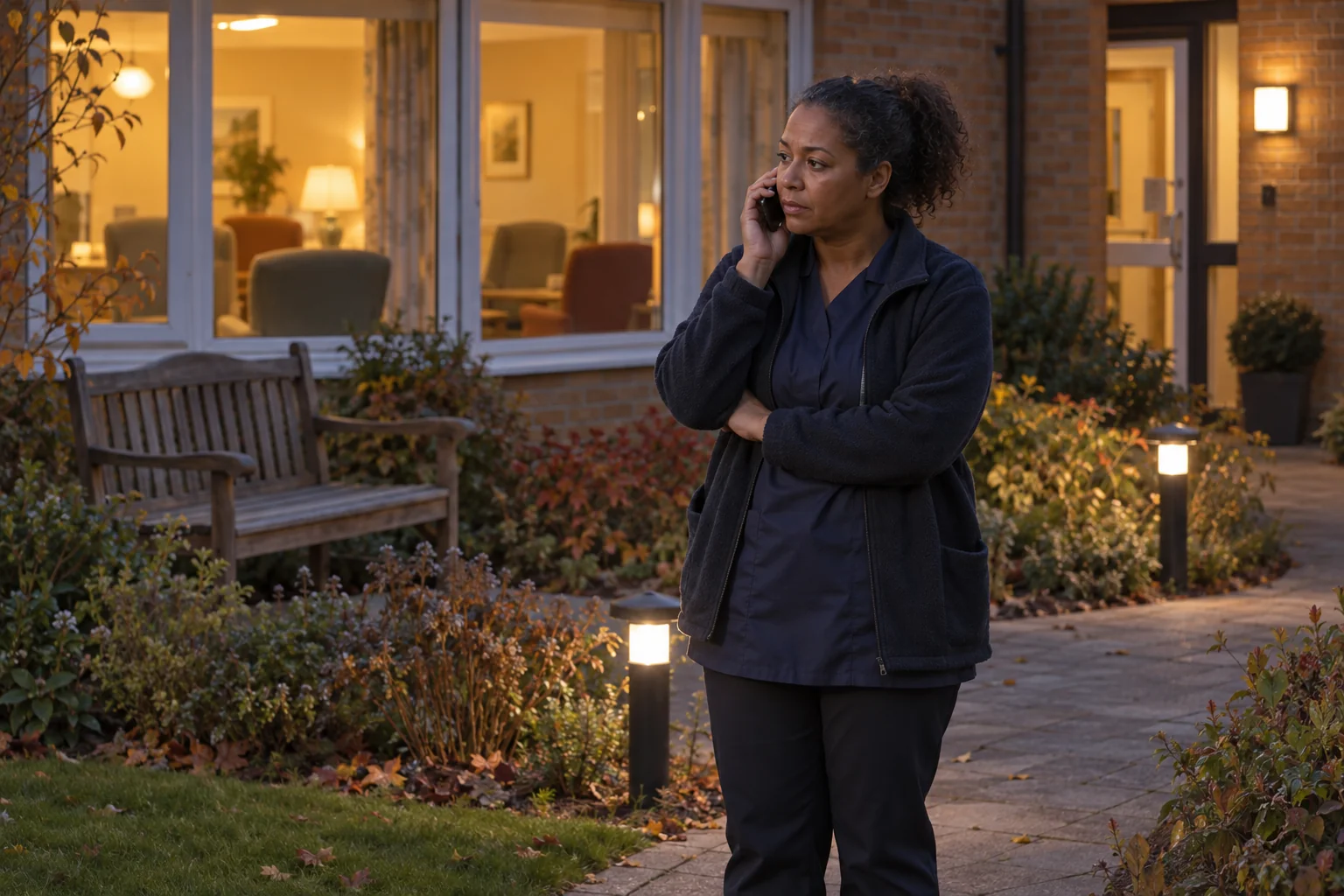 A care worker speaks on a phone on a garden path outside a care home at dusk