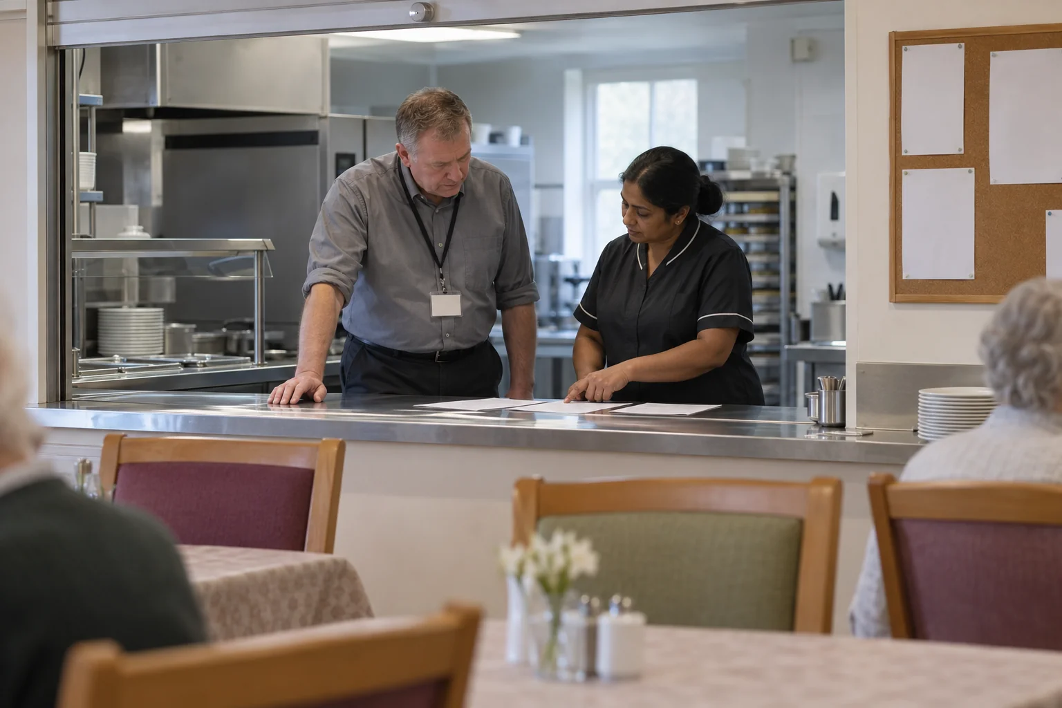 Two care home staff review papers at a kitchen servery between meals