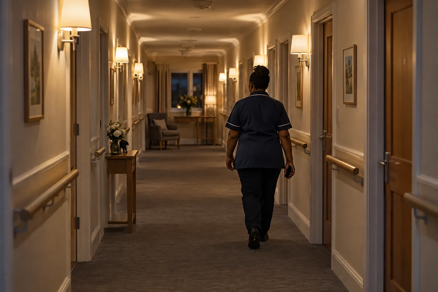 A senior carer walks along a long carpeted care home corridor at night, lit by low wall lights, a phone face down in her hand