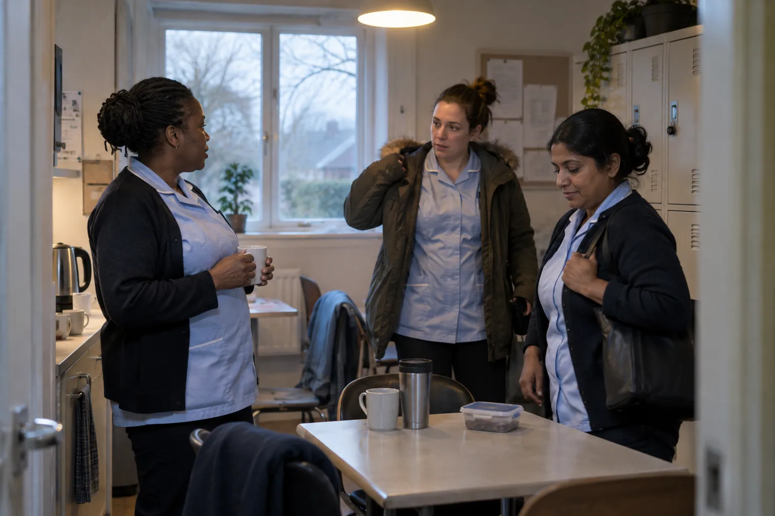 Three care workers in tunics and cardigans share a quick word at the end of a night shift in a care home staff room, coats half on, early morning light at the window