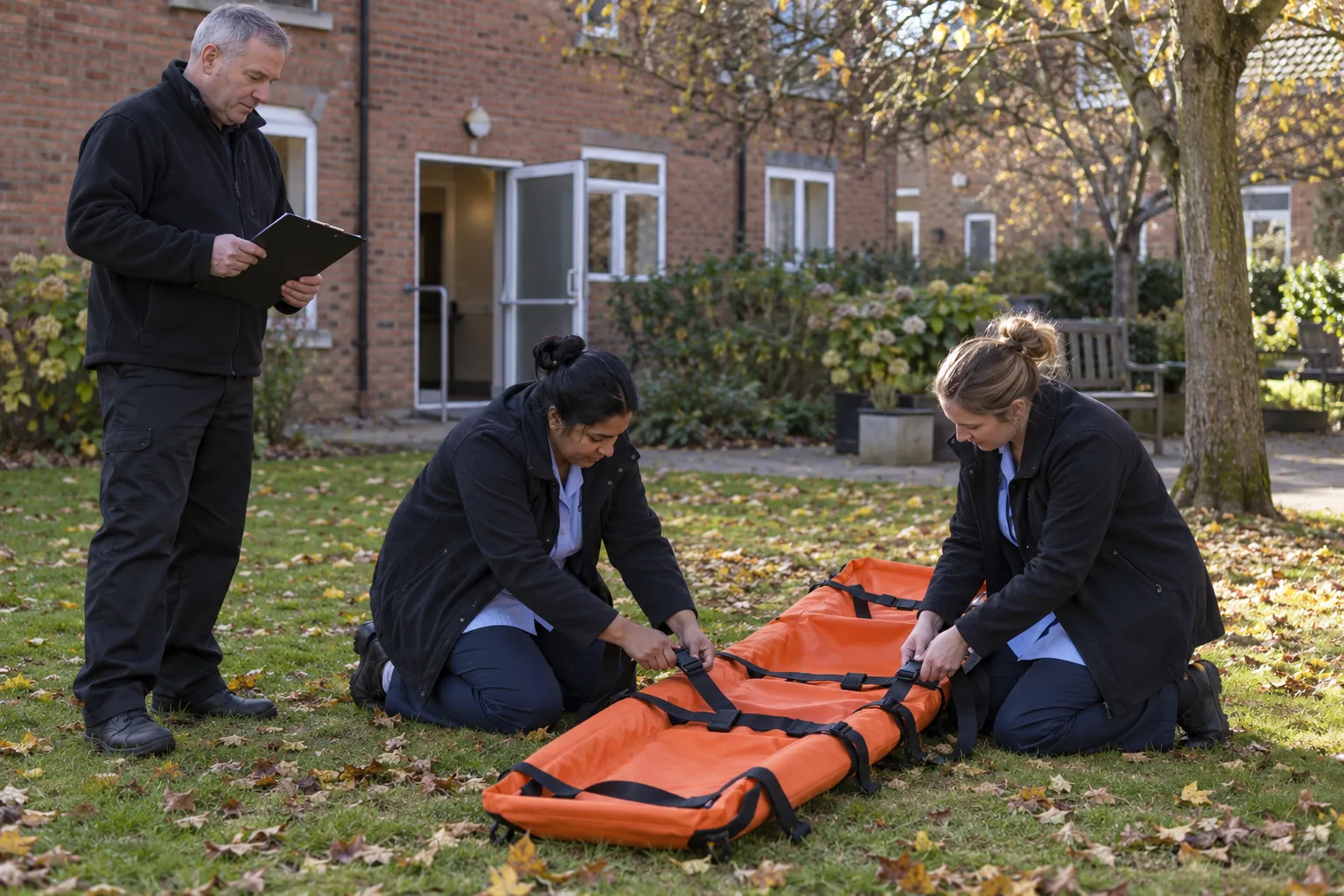 Two care workers in coats kneel on the lawn behind a care home during a fire drill, practising with an evacuation sledge while a fire safety instructor with a clipboard looks on