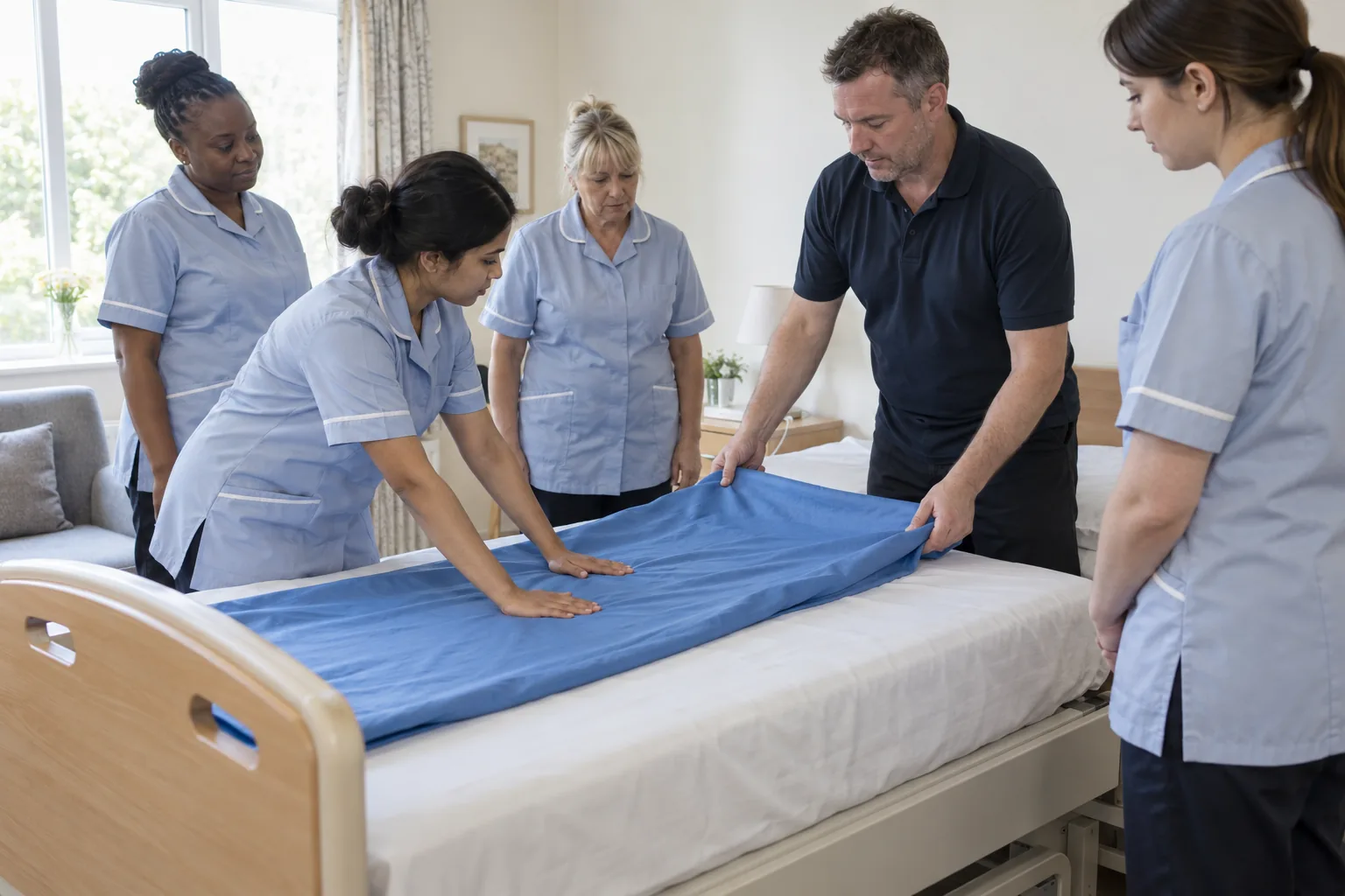 A moving and handling trainer demonstrates a slide sheet on a care home bed while four new care assistants in tunics stand round it, one practising the hand position, late-morning light from a tall window