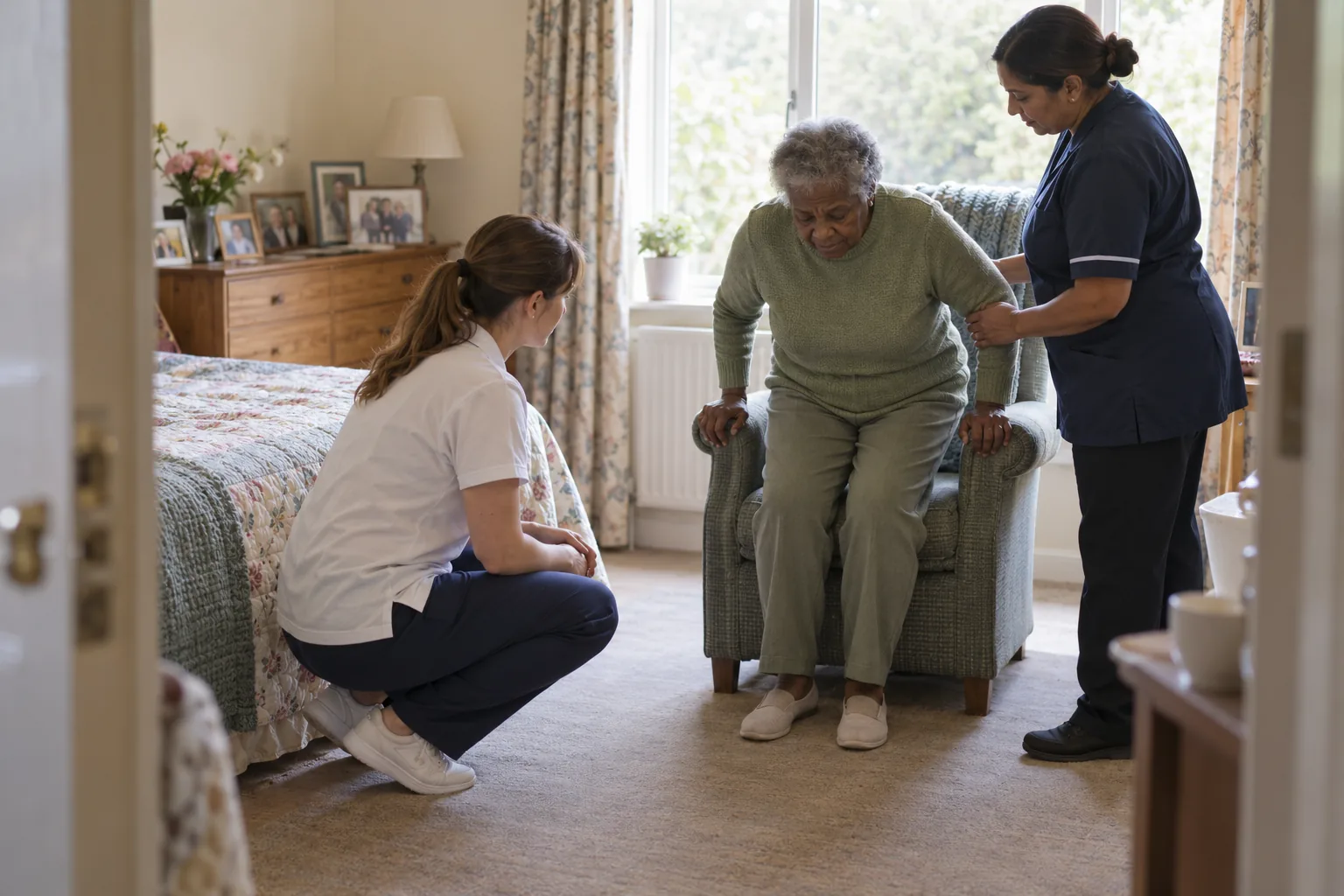 A physiotherapist watches an older woman practise standing up from a high-backed chair in her care home bedroom while a senior carer stands ready at her side