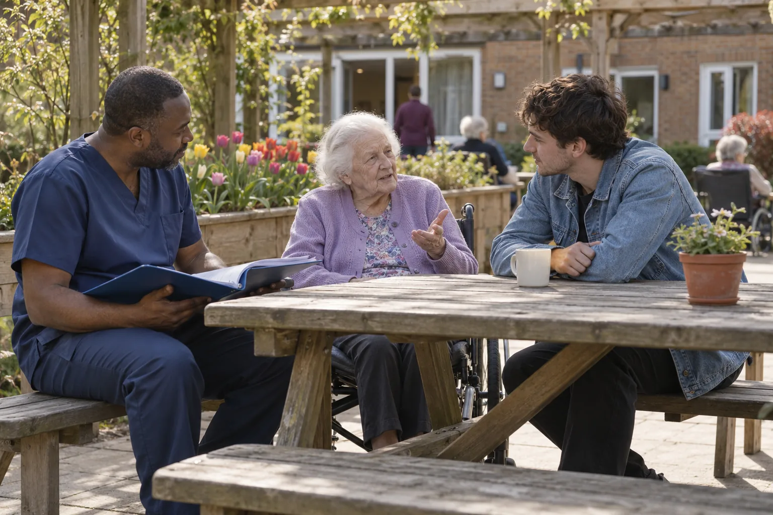 A nurse sits with an older resident in a wheelchair and her adult grandson at a picnic table on a care home patio on a mild spring afternoon, a care plan folder open on the nurse’s knee