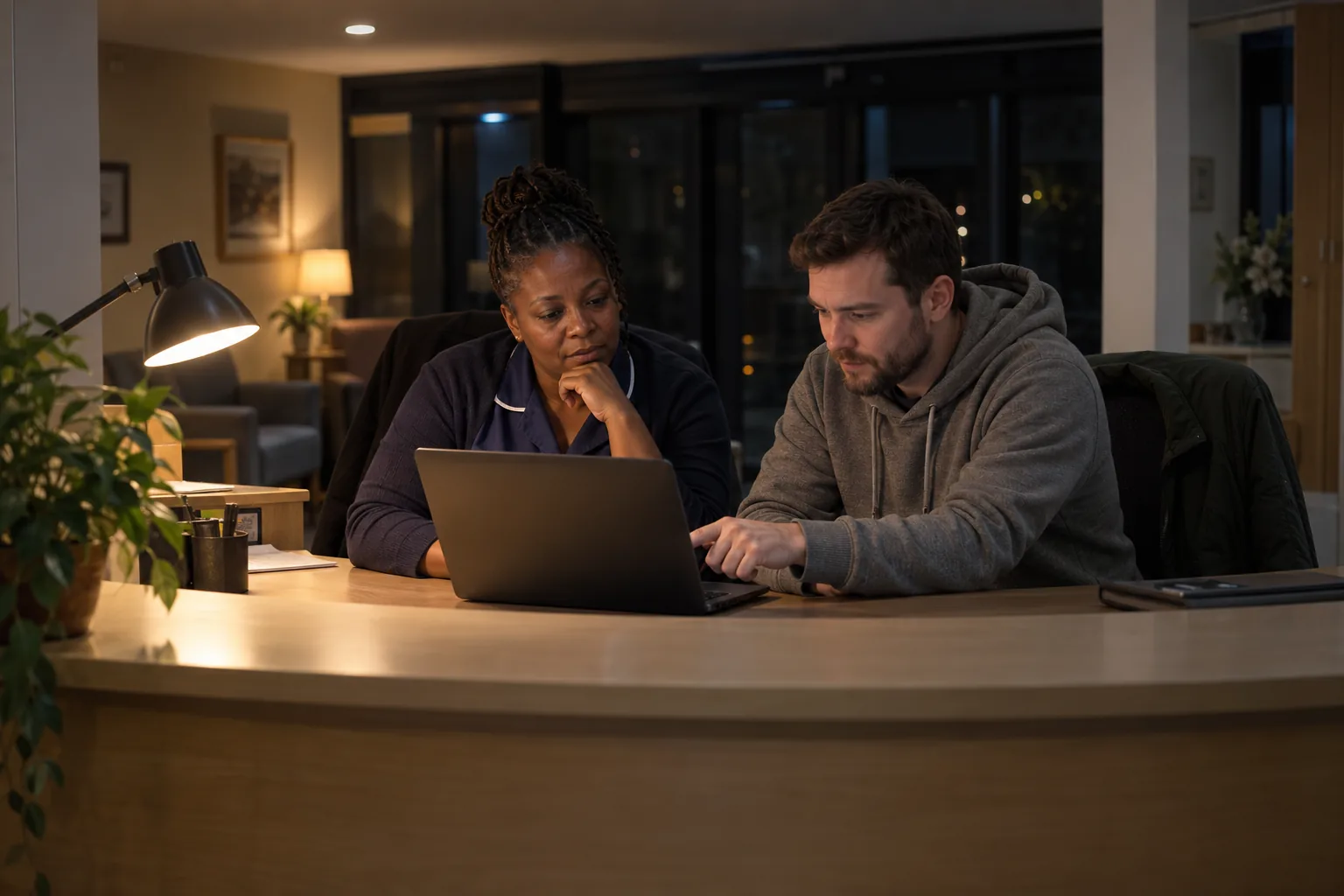 A care home deputy manager and an IT contractor sit side by side at a reception desk after hours, reviewing a laptop together, the screen angled away, coats over the chair backs