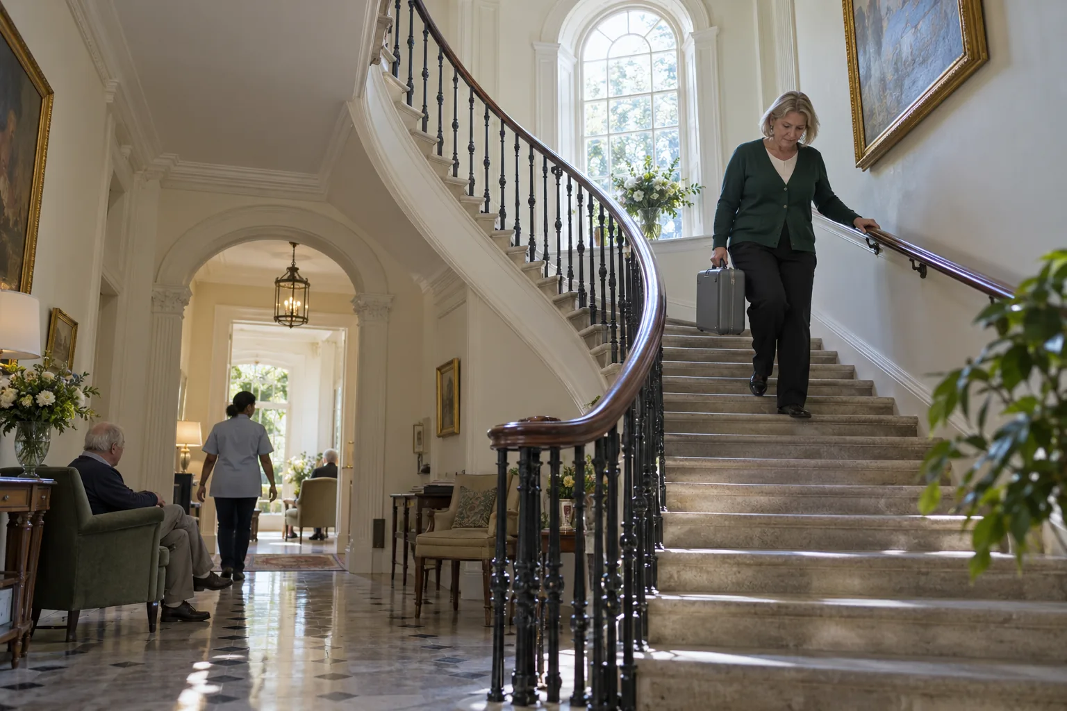 A care home administrator carries a locked grey document case down the curved main staircase of a Georgian country house that is now a care home, morning light falling from a tall window