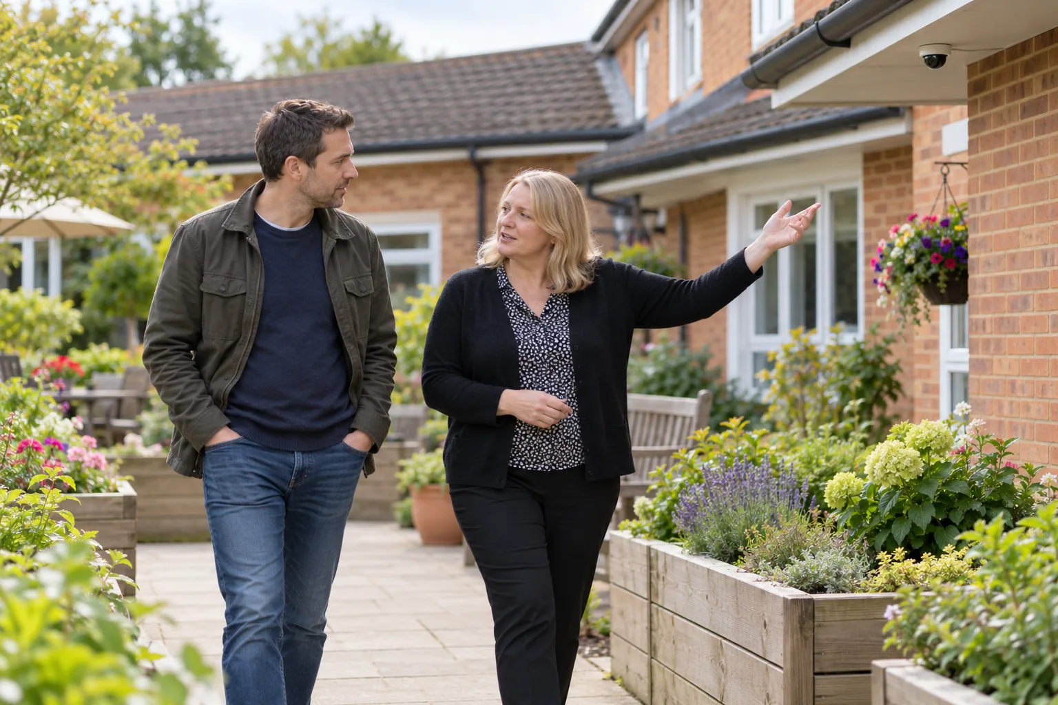 In a care home garden on a mild afternoon, the registered manager walks beside a resident's grown-up son along a paved path between raised flower beds, gesturing back towards the eaves of the building where a small camera is mounted