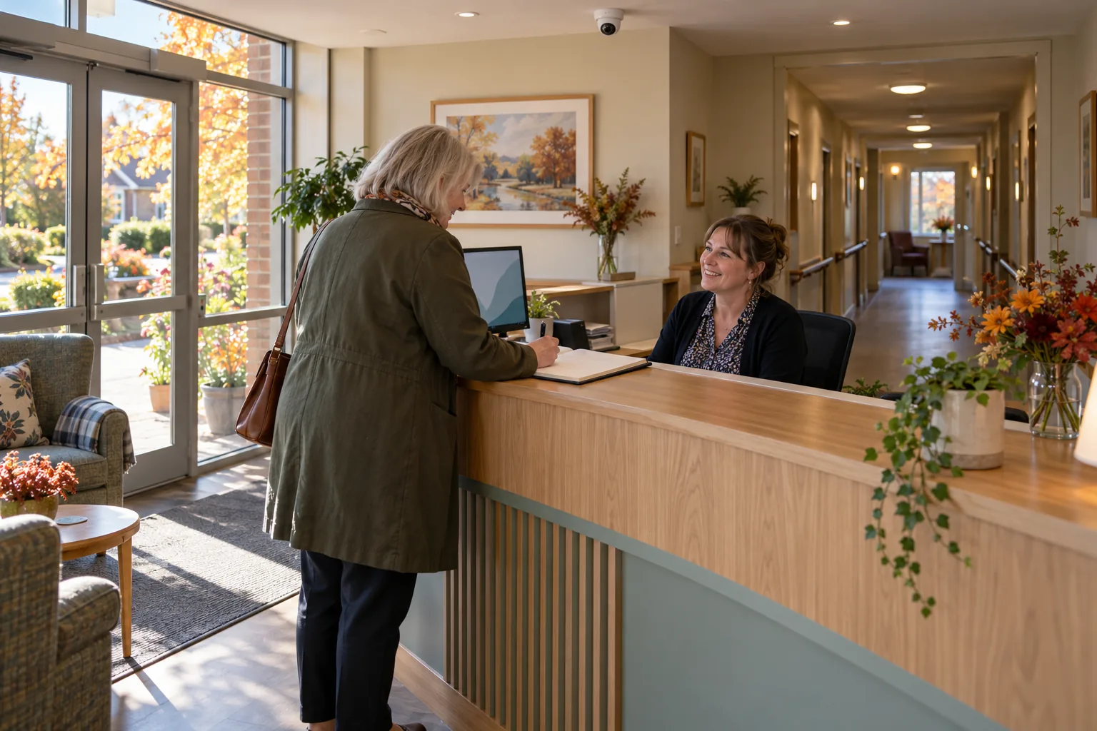 In the entrance hall of an English care home on a bright autumn afternoon, a receptionist greets a visitor who is signing the visitors' book, a small white dome camera fixed to the ceiling above the desk and a handrailed corridor leading away behind them