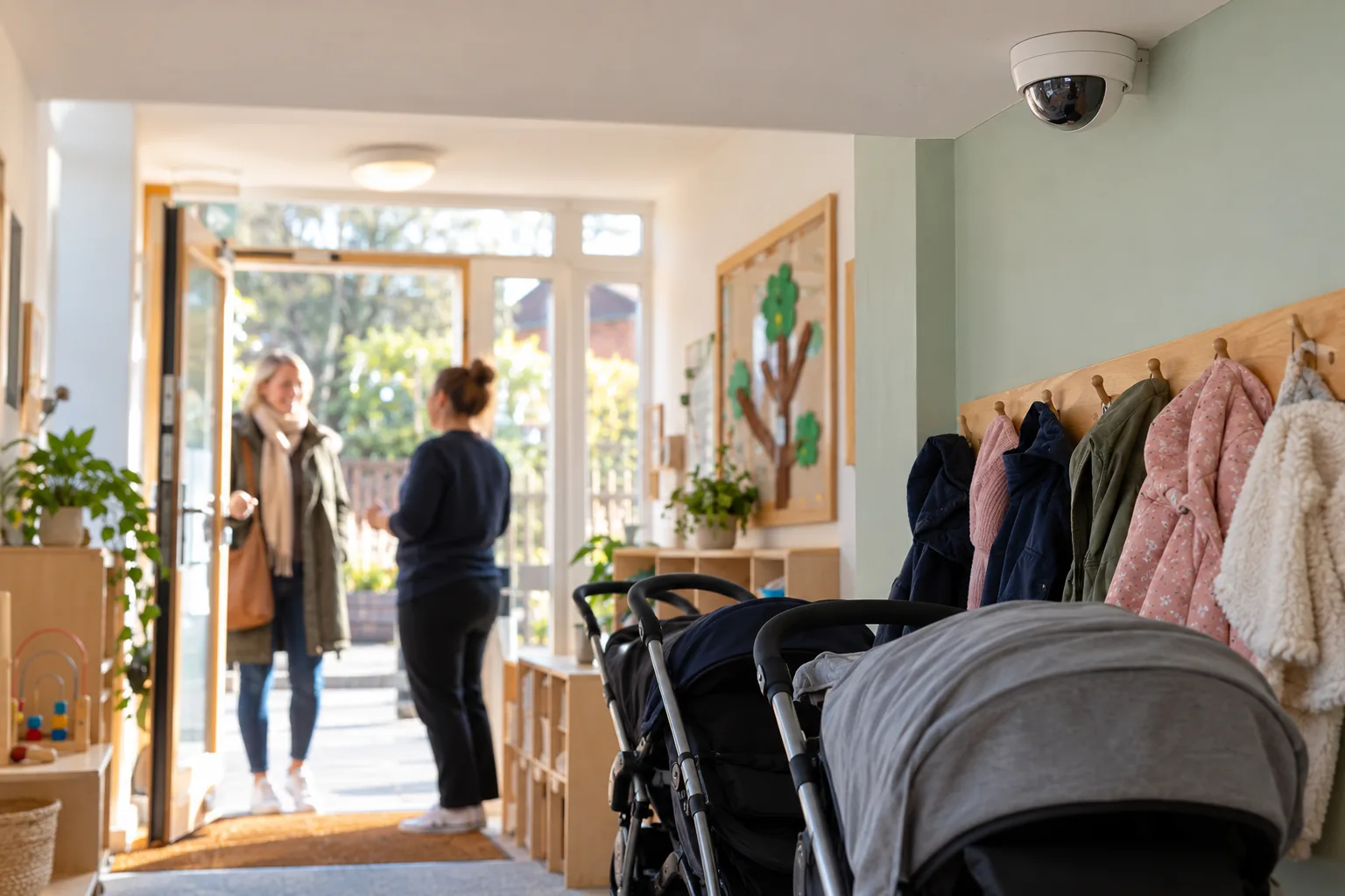 A small white dome camera fixed high in the ceiling corner of a bright nursery entrance hall, seen from low down, above a row of low coat pegs and two parked buggies, with a member of staff out of focus at the open front door greeting a parent