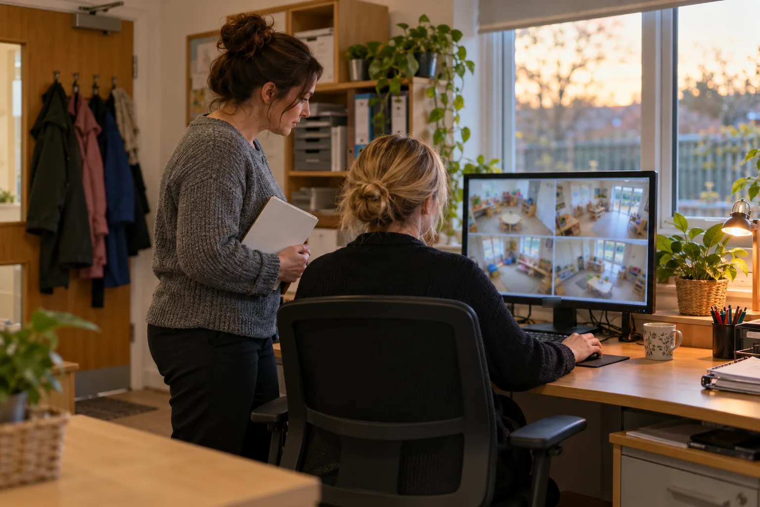 In a small nursery office at the end of the day, a manager seen from behind sits at a desk reviewing a blurred grid of empty playrooms on a monitor while her deputy stands beside her holding a notebook, with coats on a hook by the door and late afternoon light through a window