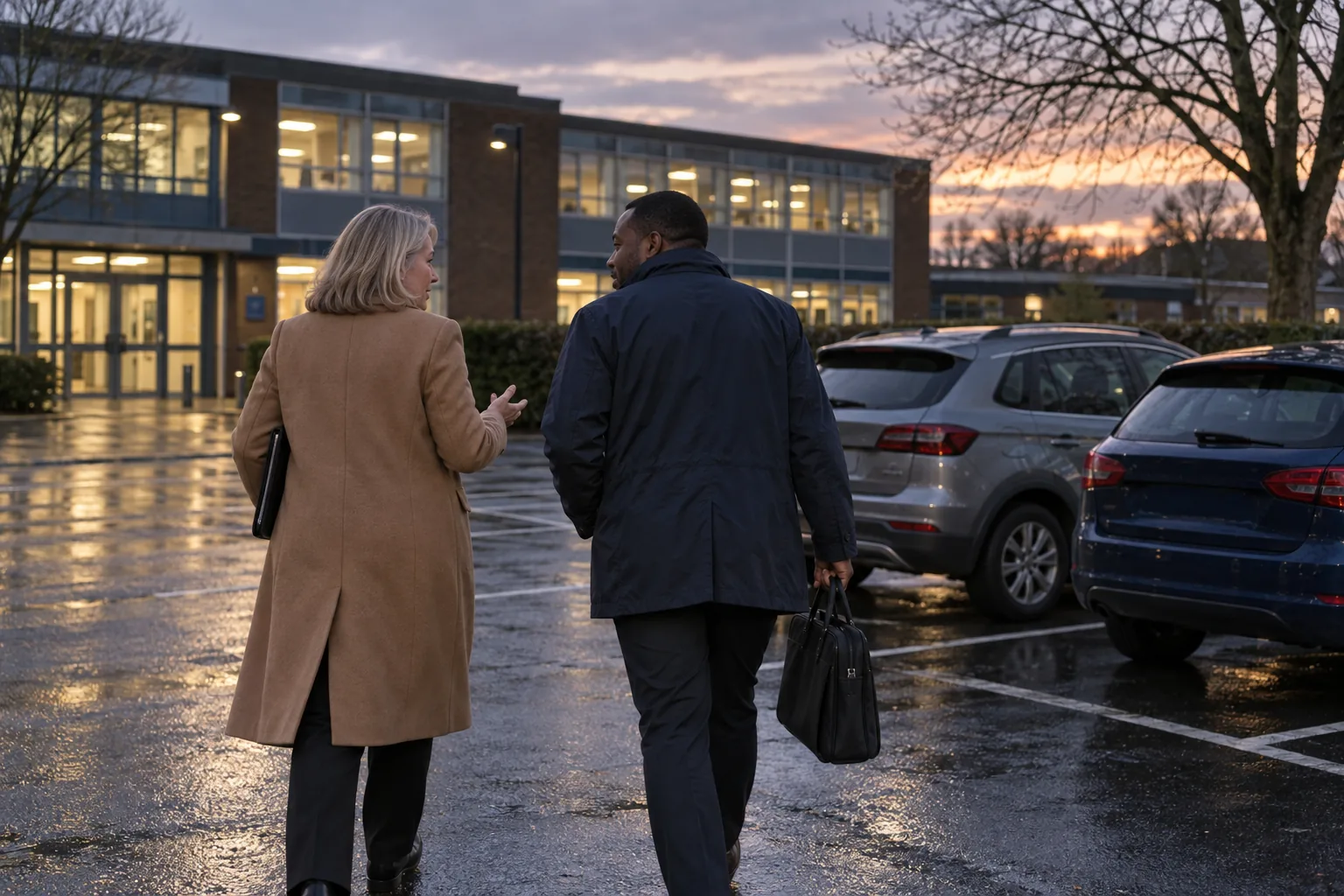 A chair of governors and the clerk cross a school car park at dusk after a meeting, the school building lit behind them