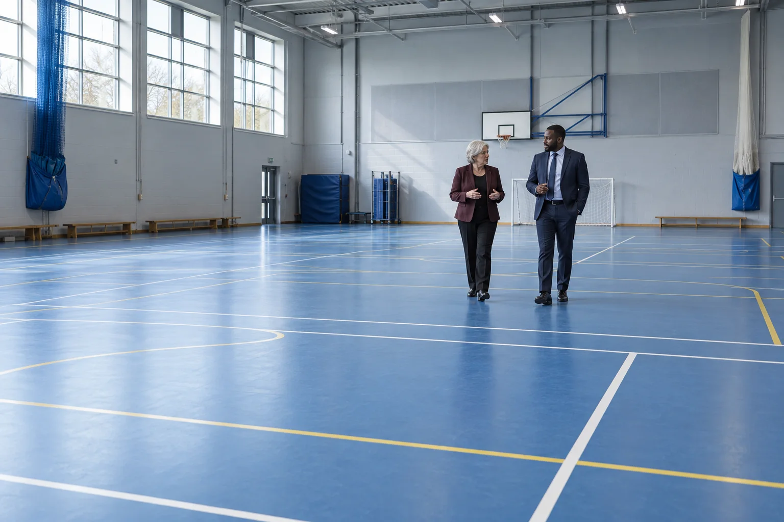 A governor and headteacher walking through an empty school sports hall.