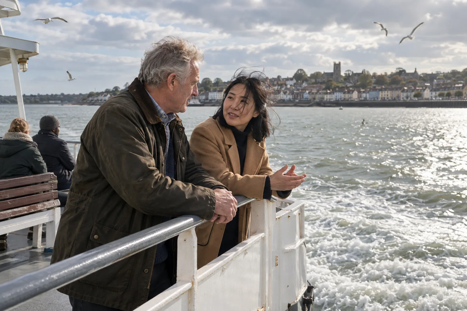 The chair and the chief executive of a charity talk at the rail of a small foot ferry crossing a grey estuary on a breezy morning