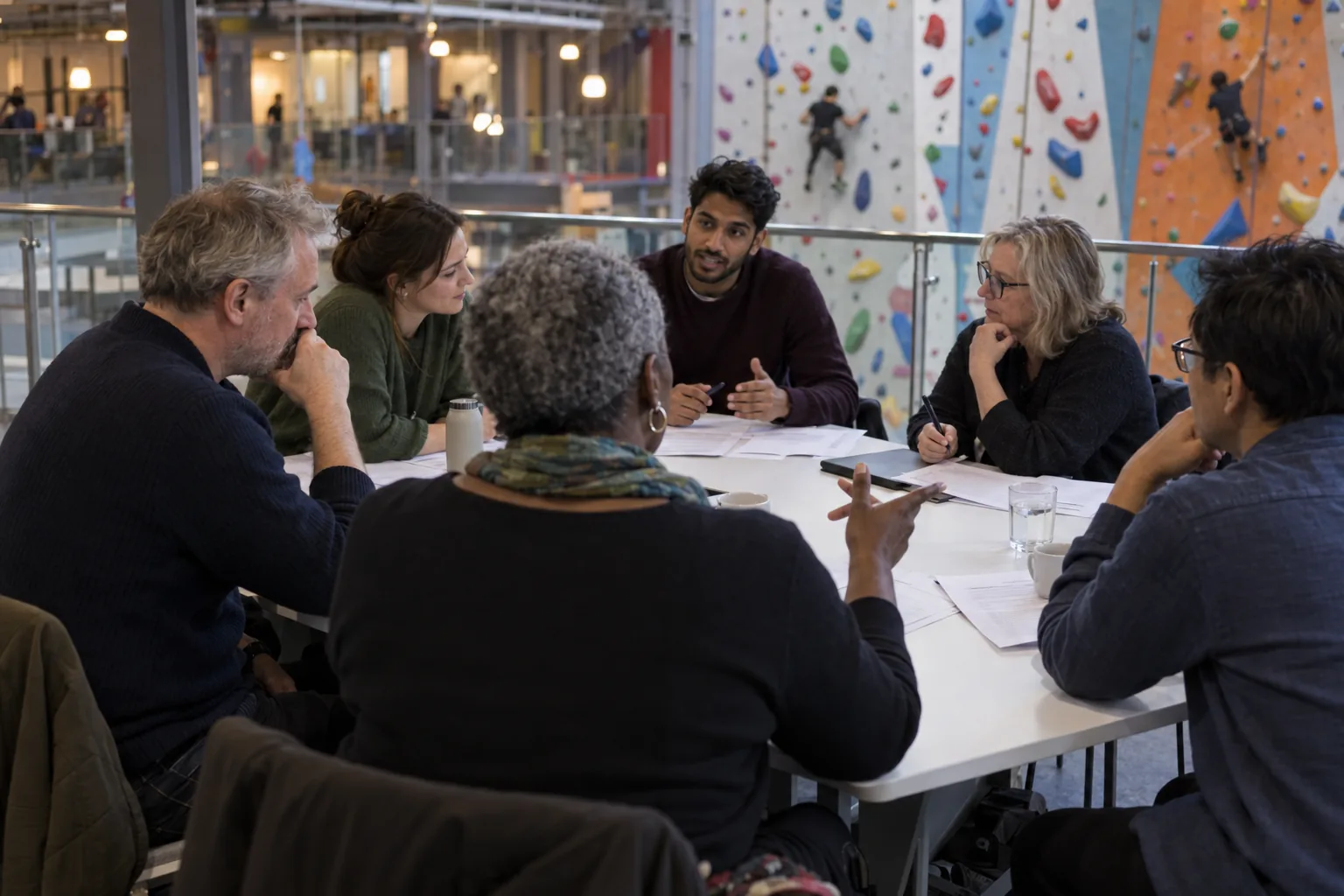Seen over the chair’s shoulder, trustees of a youth climbing charity meet on the mezzanine of its climbing centre as the chair turns her open hand towards a quiet trustee to bring him in
